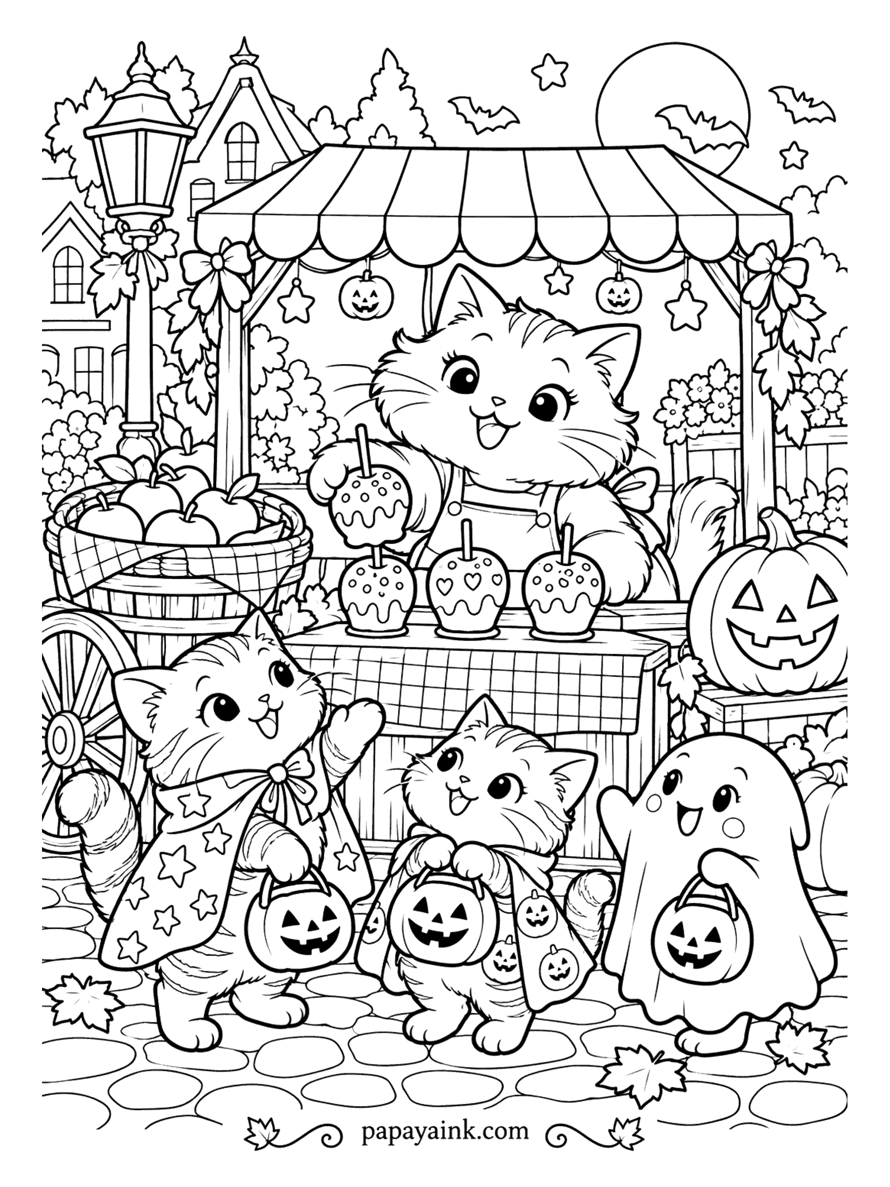 Halloween Cat Coloring Pages - The cat at the striped stand has one candy apple in her paw and three customers in line: a star cape, a pumpkin cape and a ghost sheet, buckets ready. Street lamp, cobblestones and a full moon over the town.