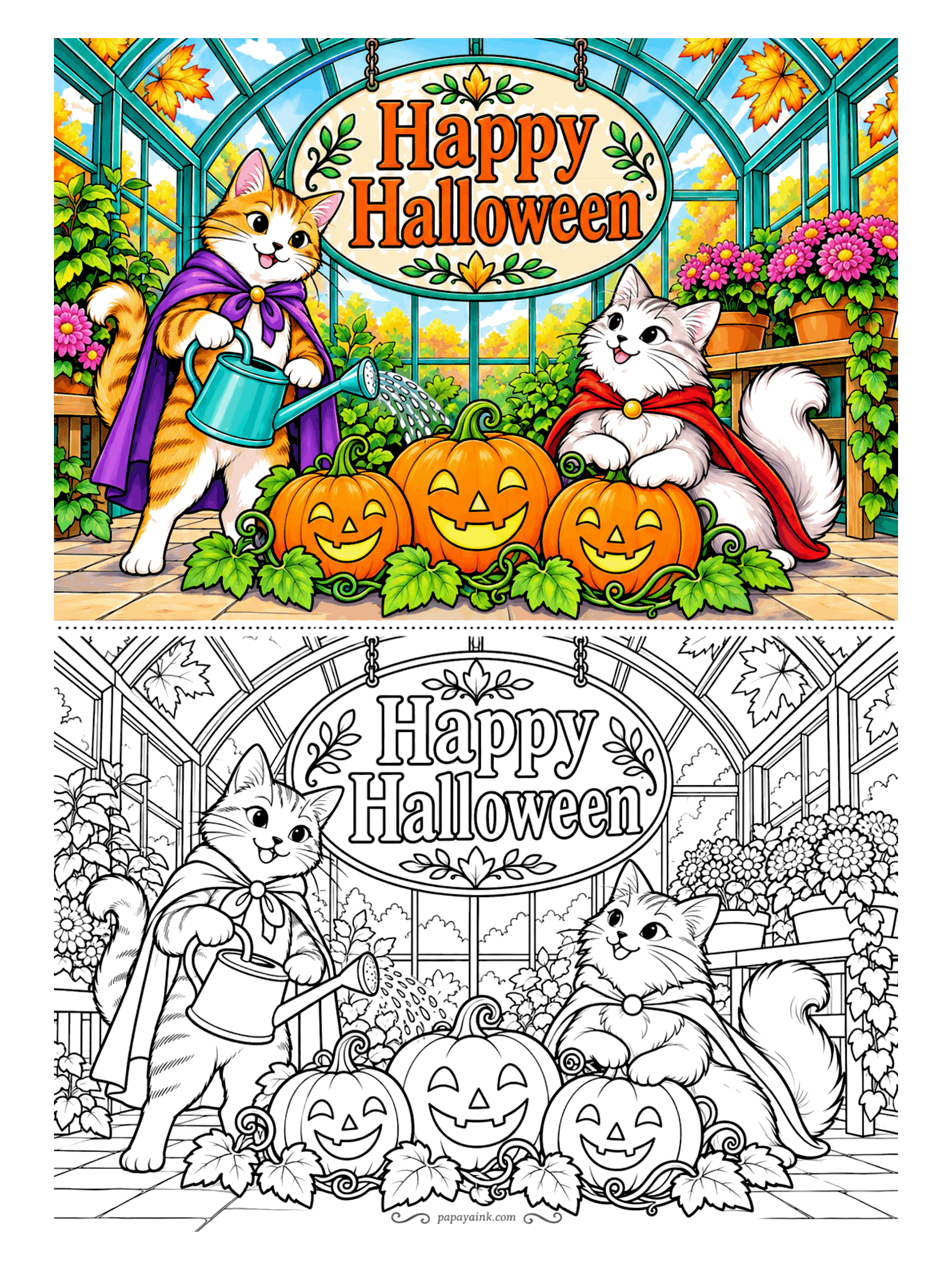 Halloween Coloring Pages - Greenhouse chores in costume. One cat waters the jack-o'-lanterns, the other keeps watch in a red cape, with potted mums on the shelves behind them. Detailed - glass panes and leaves everywhere.