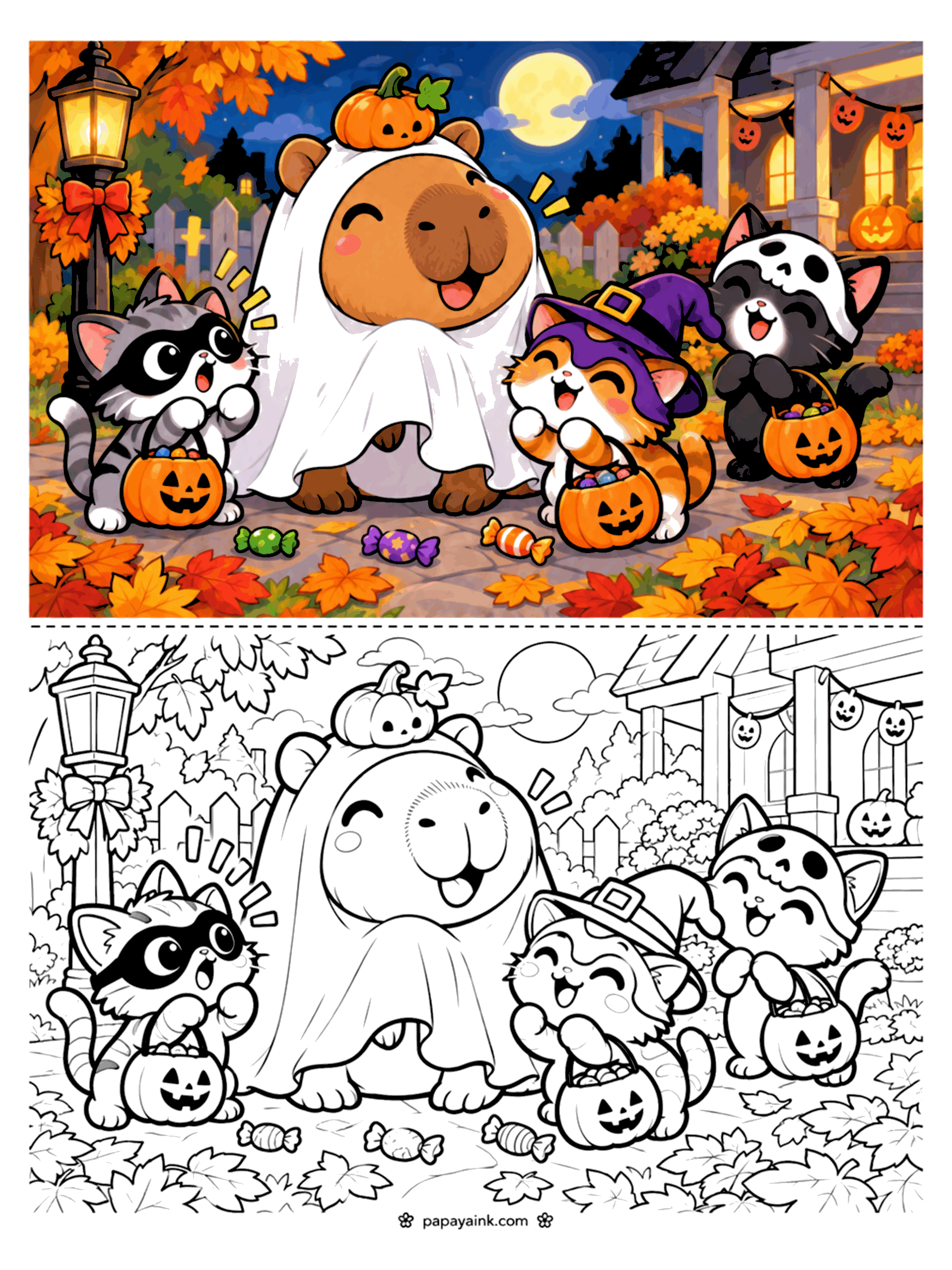 Easy Cute Halloween Coloring Pages - Capybara in a ghost sheet surprising three costumed kittens on a leafy path