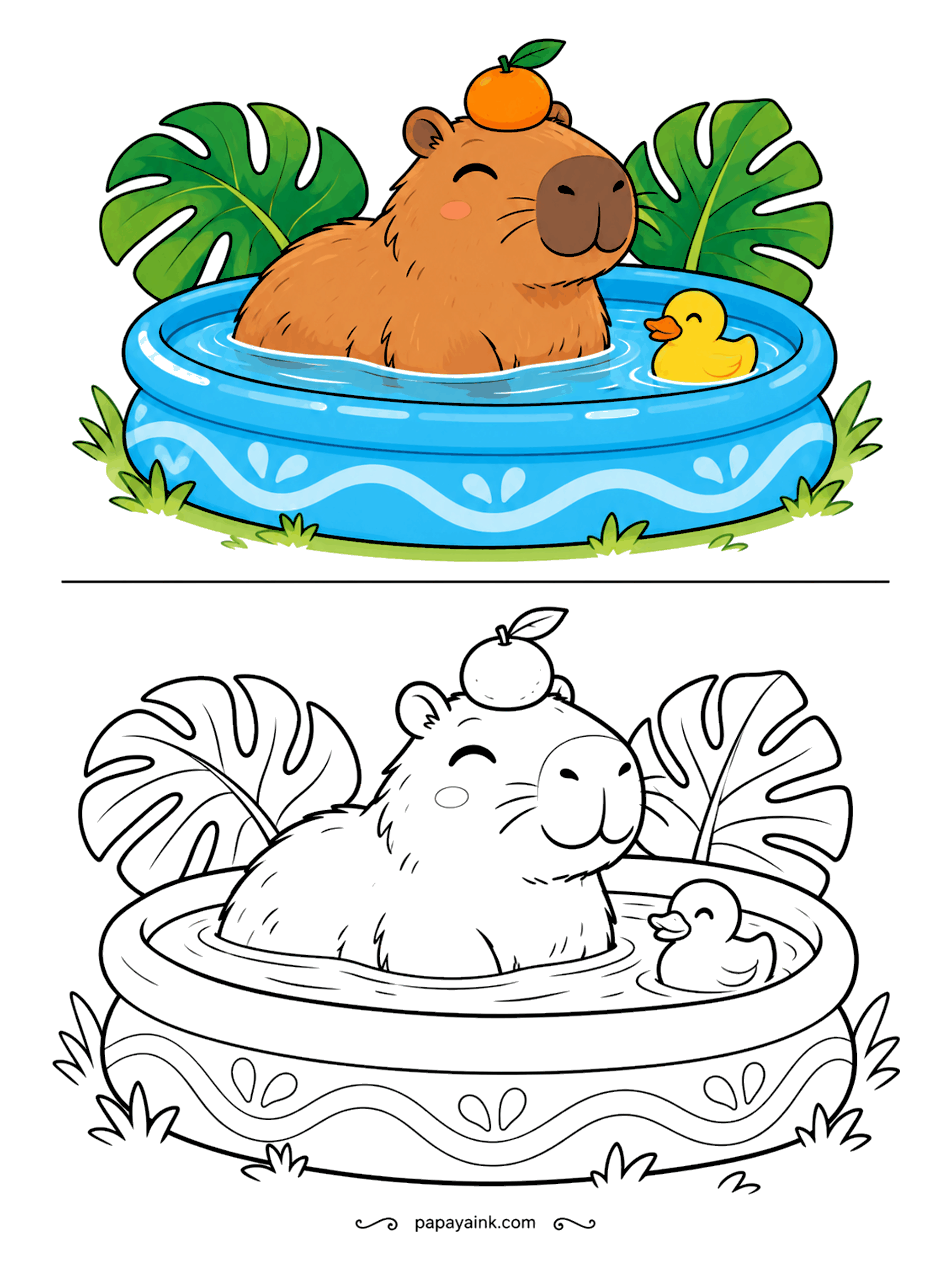 Copy Coloring Pages - Capybaras are famous for keeping calm, even with a mandarin balanced on their heads. This one soaks in a backyard kiddie pool with a rubber duck for company and big tropical leaves behind. Warm brown fur, bright blue pool.