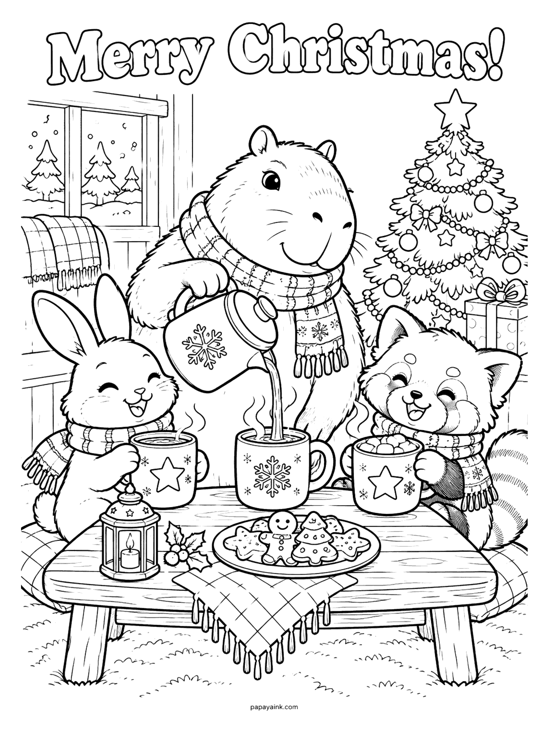 Merry Christmas Coloring Pages - A capybara in a scarf pours hot cocoa for a bunny and a red panda at a table with cookies and a lantern beside the Christmas tree.
