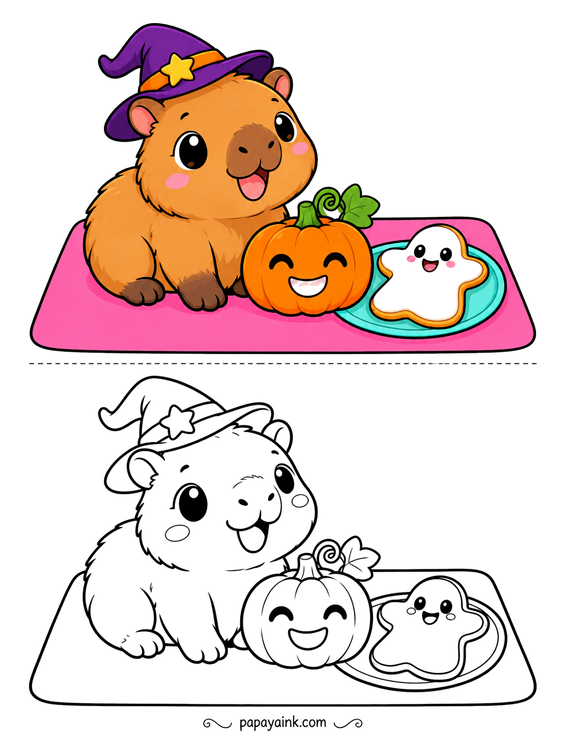 Easy Cute Halloween Coloring Pages - Capybara in a purple witch hat, lounging on a pink picnic blanket with a pumpkin and a plate holding a ghost-shaped cookie. The flat blanket is a big area - a good spot to practice smooth, even coloring.