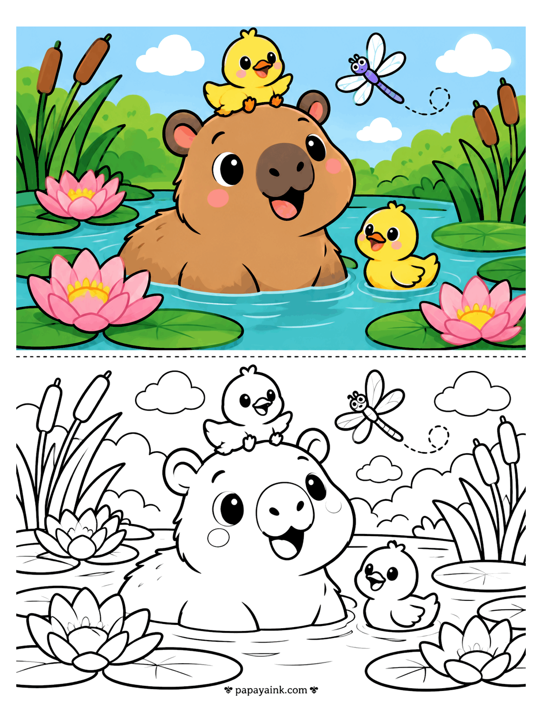 Copy Coloring Pages - Copy coloring page of a capybara relaxing in a lily pond with two ducklings and a dragonfly