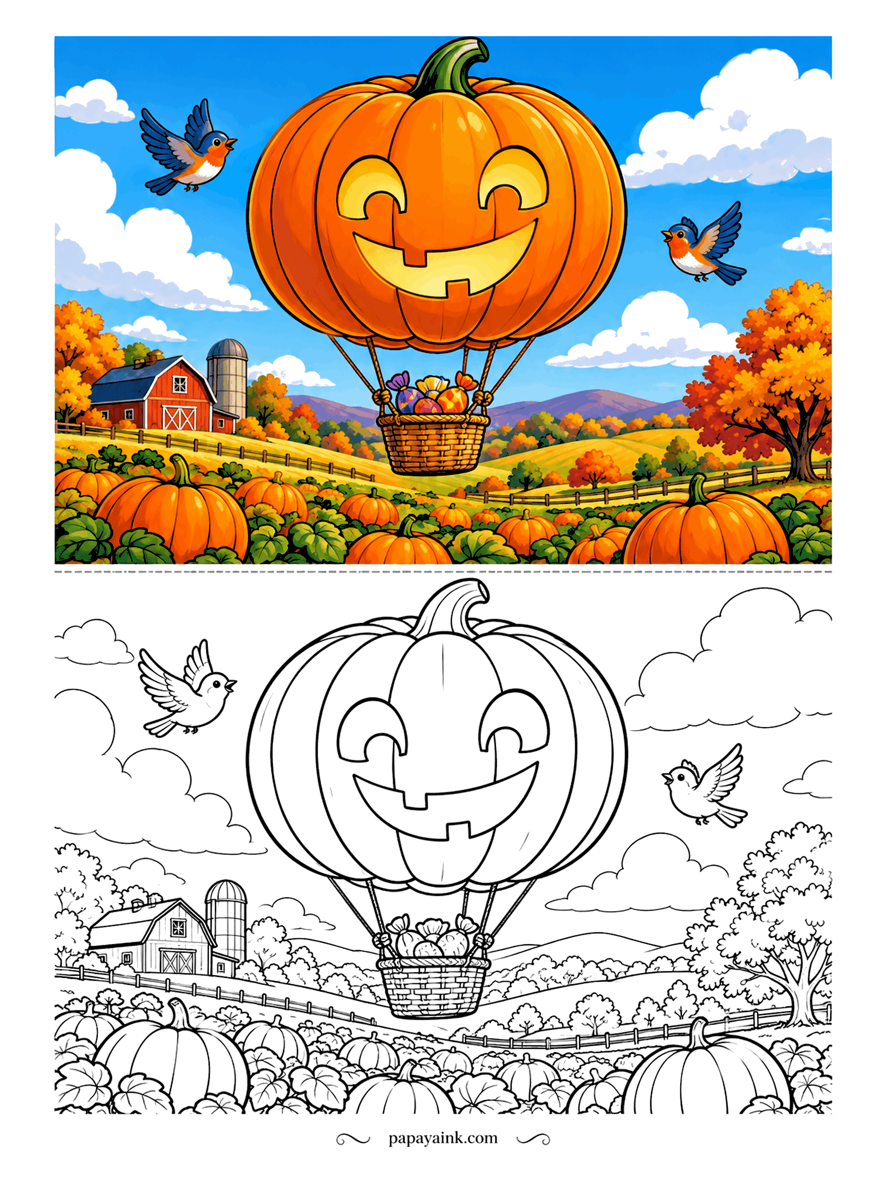 Pumpkin Coloring Pages - This hot-air balloon is a smiling jack-o'-lantern with a basket full of candy, drifting over the pumpkin patch while two songbirds fly alongside past the barn and silo. Clean cartoon outlines for any age.