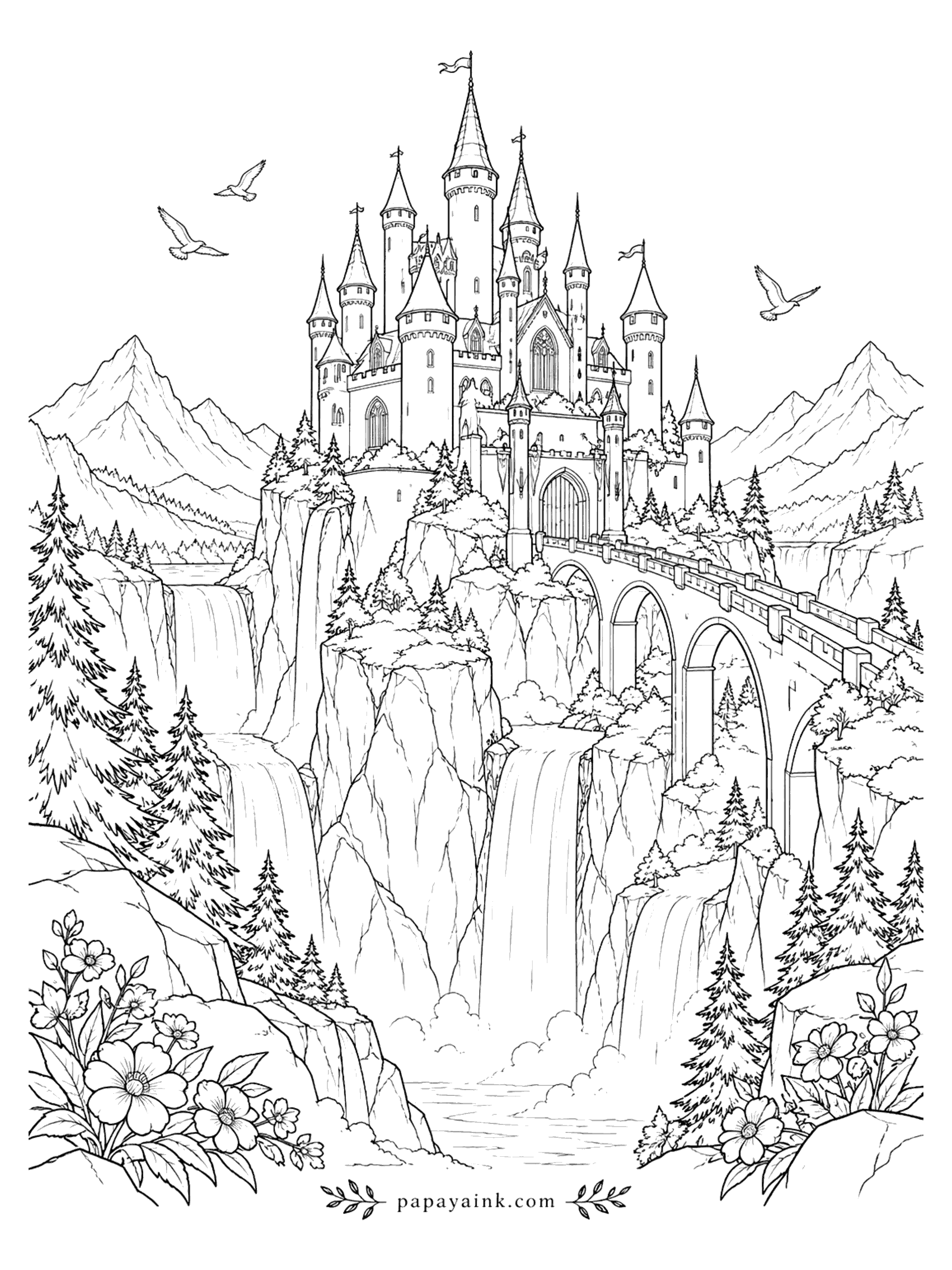 Castle Coloring Pages - Fairytale castle perched on rocky cliffs with waterfalls, a stone bridge, pine trees, and mountains behind. Detailed