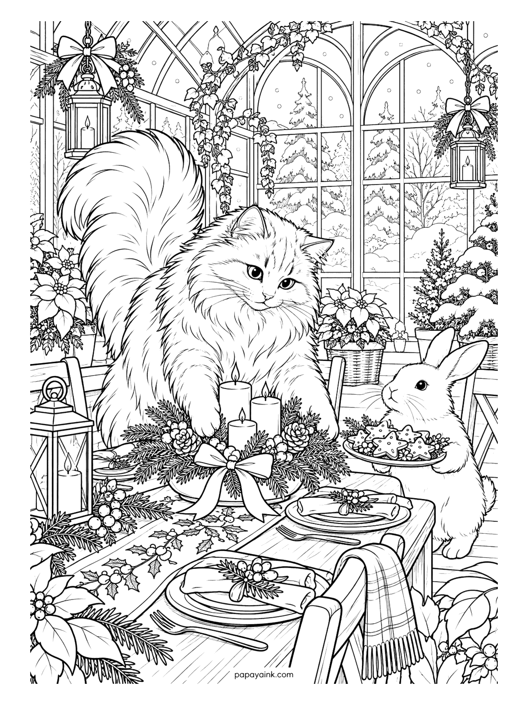 Christmas Cat Coloring Pages - In a glass conservatory full of poinsettias, a cat arranges candles on the holiday table while a bunny brings a plate of star cookies. Detailed.