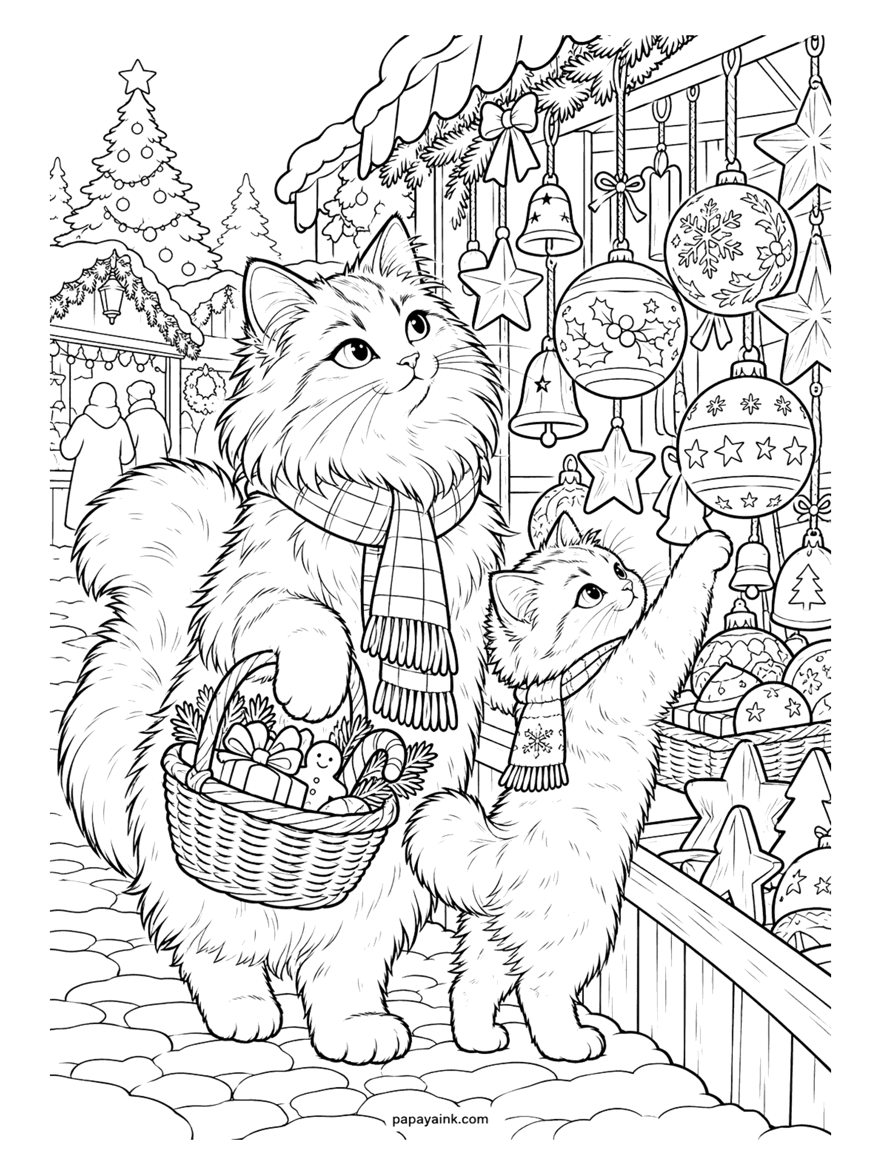 Christmas Cat Coloring Pages - A cat in a plaid scarf with a basket of treats and a kitten in a snowflake scarf admire the bells, stars, and glass baubles hanging at a snowy Christmas market stall. Detailed.