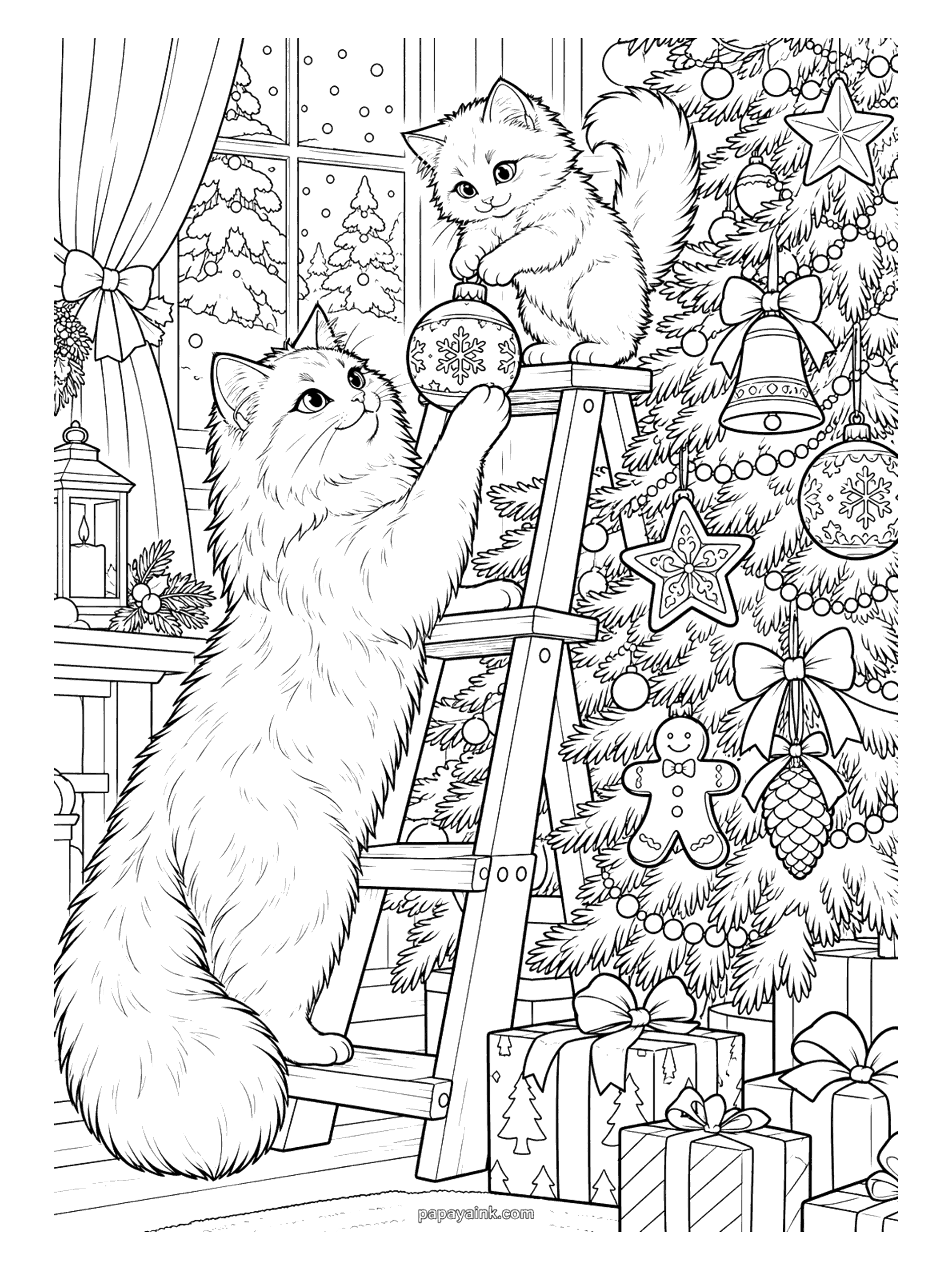 Christmas Cat Coloring Pages - A cat holds a snowflake bauble up to a kitten sitting on top of a stepladder as the two decorate a tall tree hung with bells, stars, and a gingerbread man. Detailed.