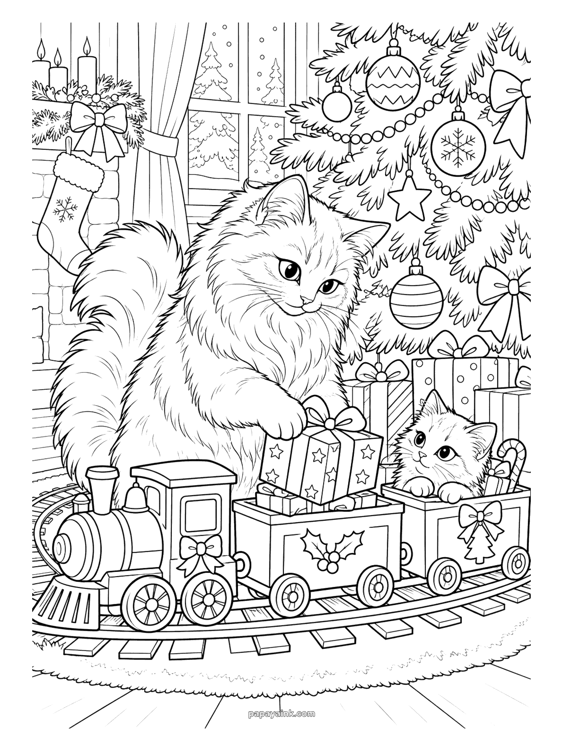 Christmas Cat Coloring Pages - Beside the tree and a stocking-hung fireplace, a fluffy cat loads a starry gift onto a toy train while a kitten rides in the last wagon with a candy cane.
