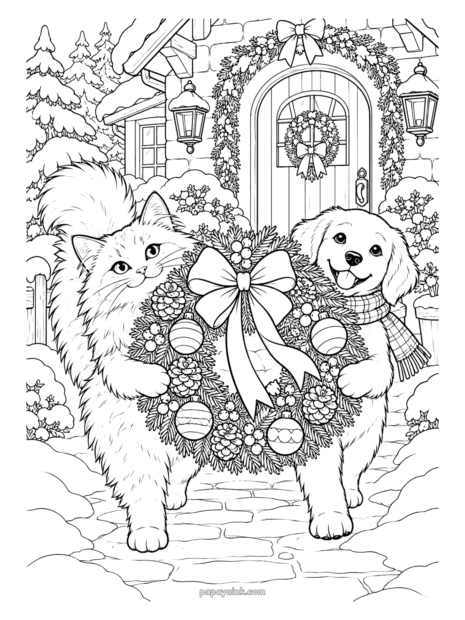 Christmas Cat Coloring Pages - Side by side, a cat and a golden puppy in a plaid scarf carry a big bow-tied wreath of baubles and pinecones up the path to a cottage's arched front door.
