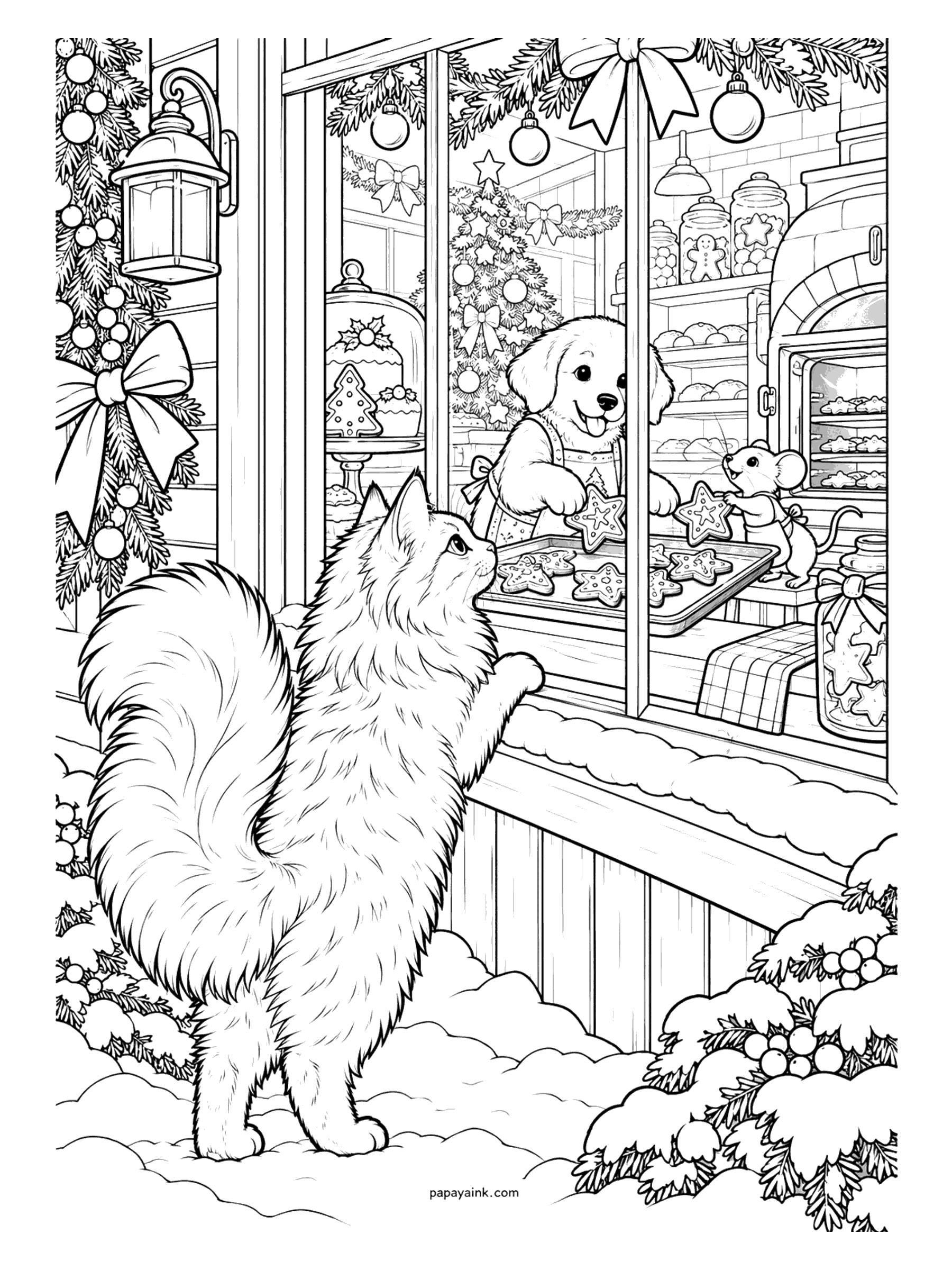 Christmas Cat Coloring Pages - A cat stands on its hind legs at a frosted bakery window, watching a puppy in an apron and a mouse pull a tray of star cookies from the oven inside. Detailed.