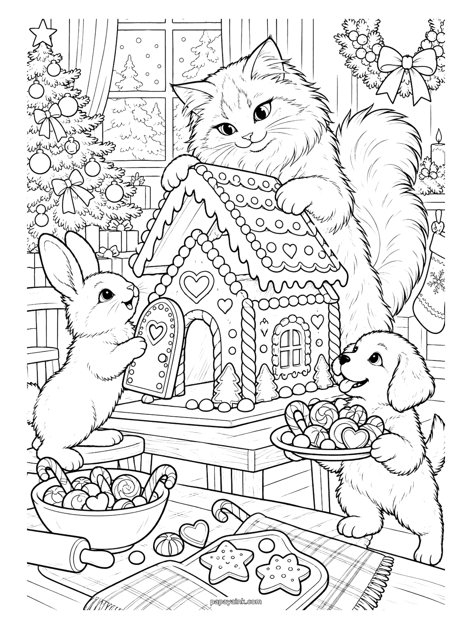 Christmas Cat Coloring Pages - A cat, a bunny, and a golden puppy work together on a candy-covered gingerbread house, with bowls of peppermints and star cookies spread across the kitchen table. Detailed.