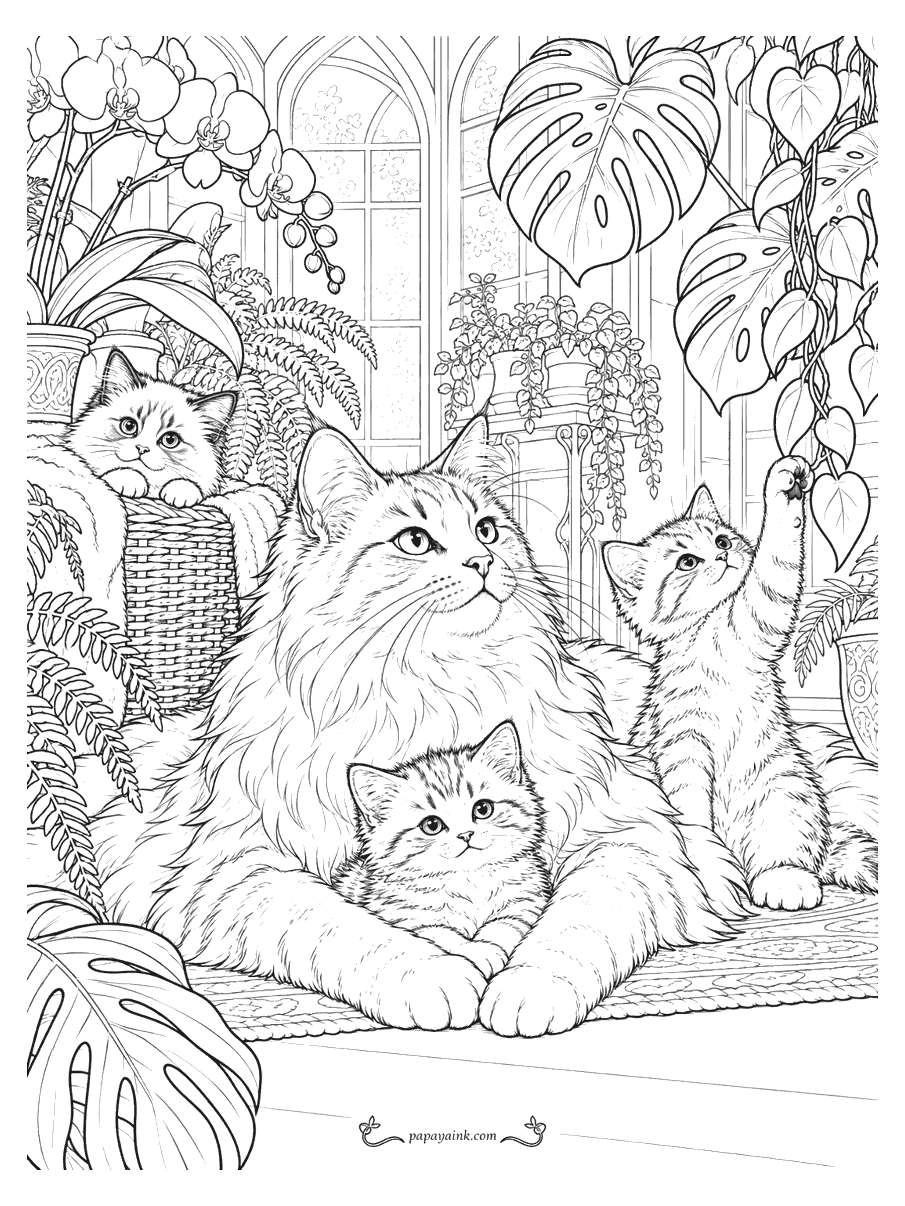 Kitten Coloring Pages - A long-haired mother cat and her kittens relaxing in a sunny conservatory full of orchids, ferns and monstera leaves. Detailed.