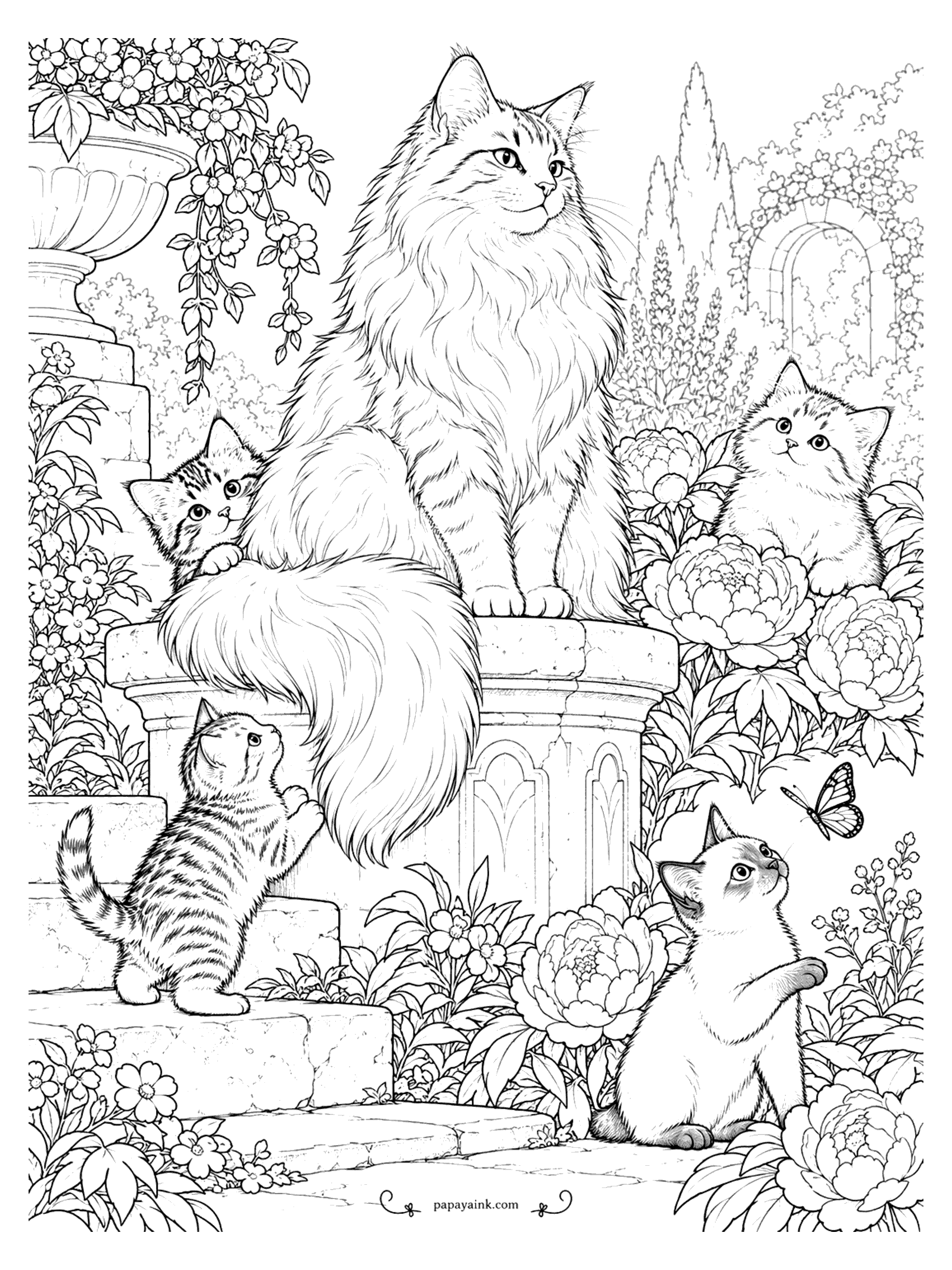 Kitten Coloring Pages - A majestic long-haired cat on a stone pedestal surrounded by four kittens, peonies and a butterfly in a formal garden. Detailed.