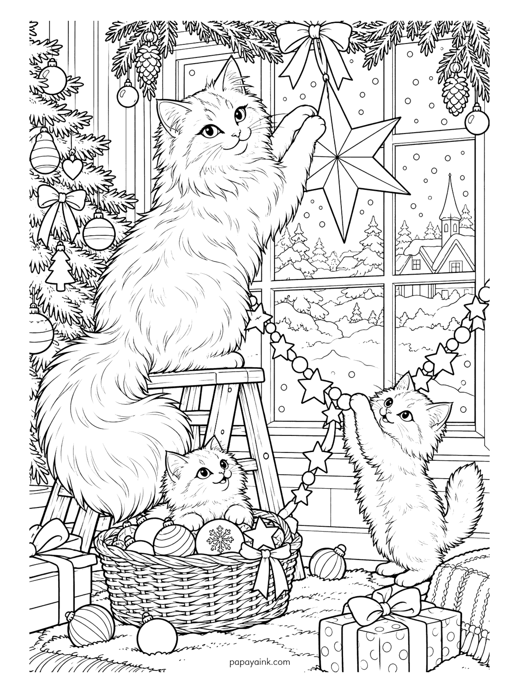 Christmas Cat Coloring Pages - Perched on a stepladder, a cat hangs a big star in the window while two kittens stretch a star garland across the room, with a snowy village and church outside the glass. Detailed.