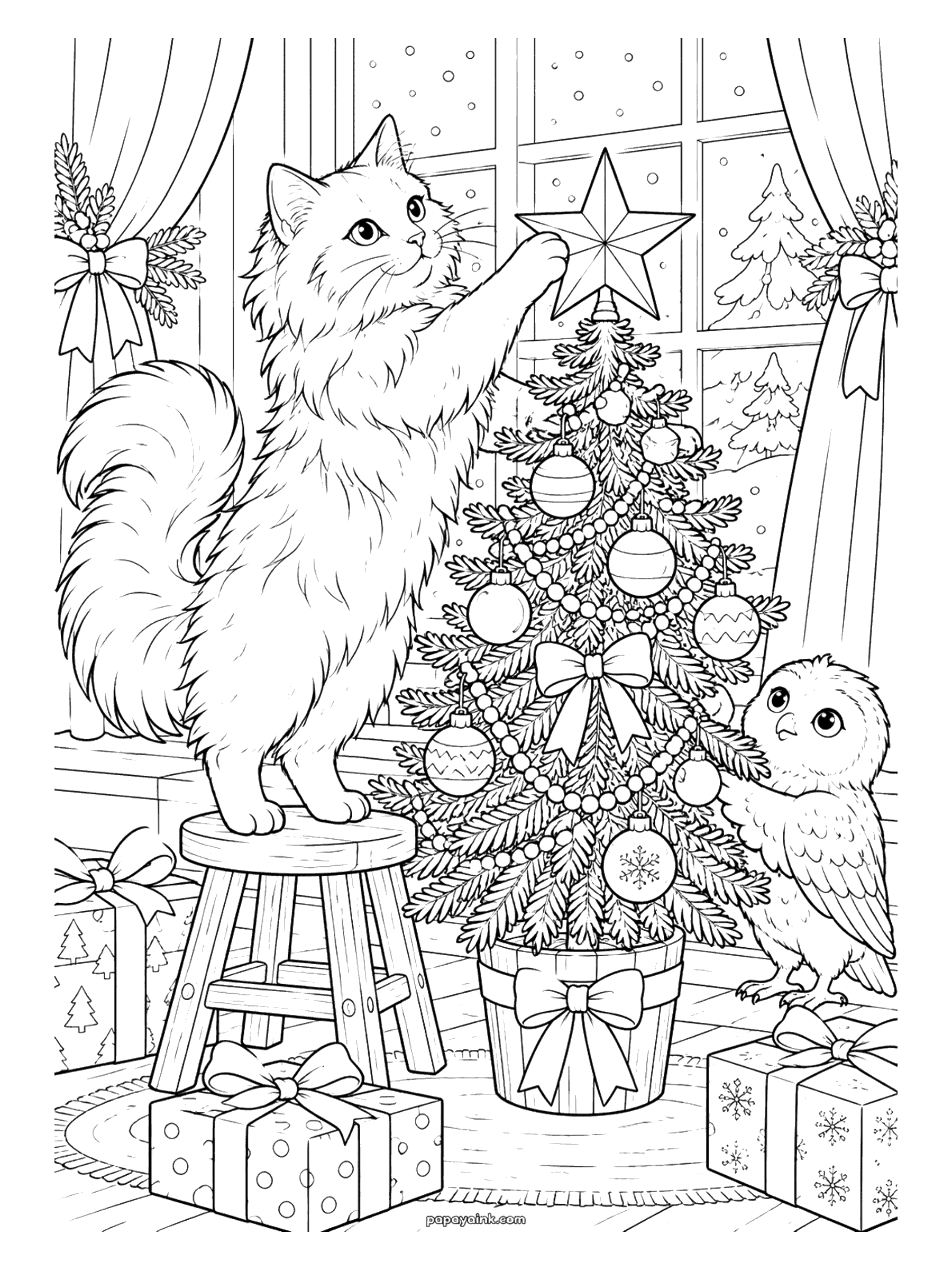 Christmas Cat Coloring Pages - Standing on a wooden stool, a fluffy cat reaches up to set the star on top of a small Christmas tree while a round little owl hands over the ornaments below.