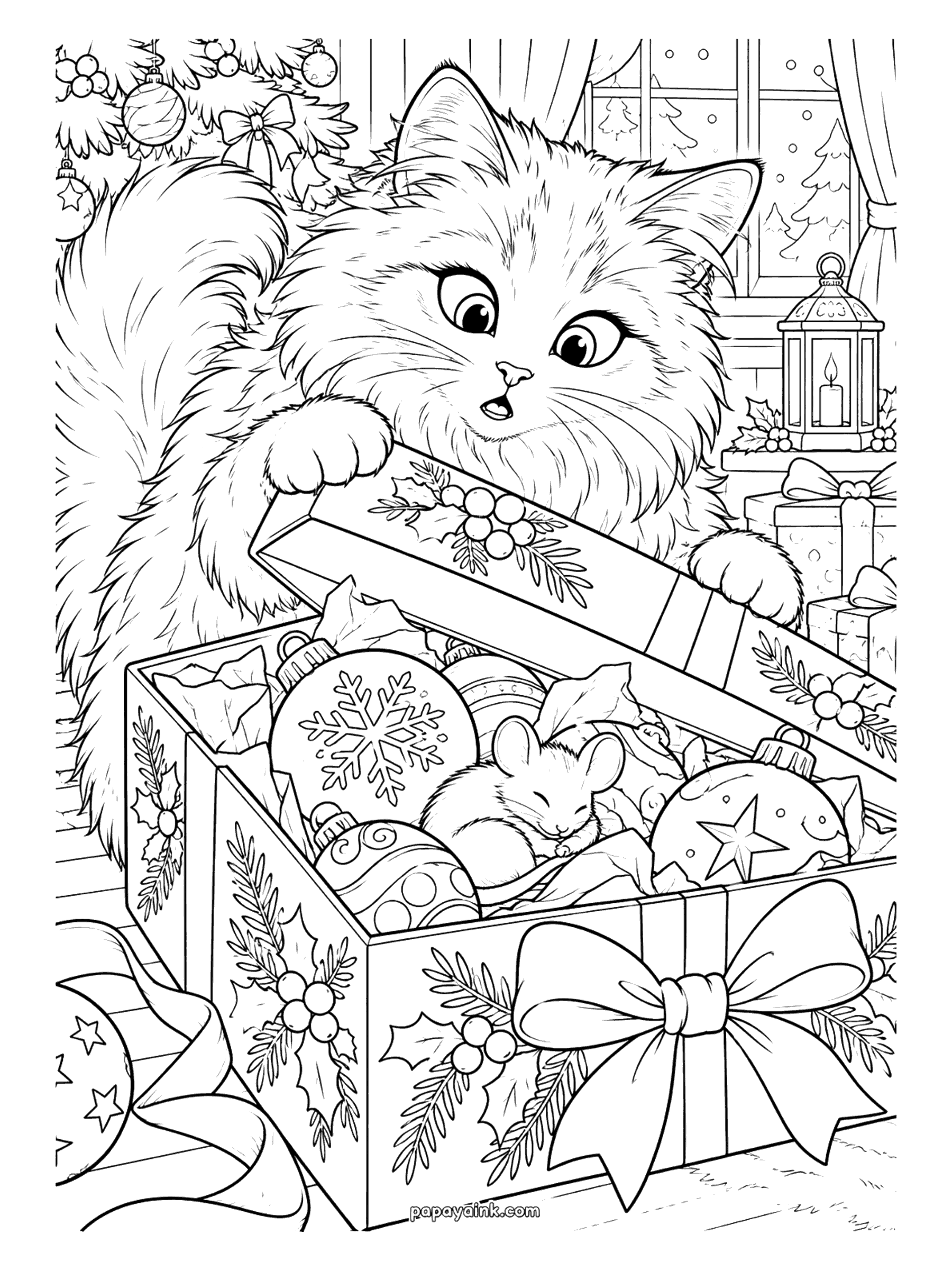 Christmas Cat Coloring Pages - A wide-eyed cat lifts the lid of a holly-decorated ornament box and finds a tiny mouse asleep among the snowflake and star baubles, with a lantern glowing by the window. Detailed.