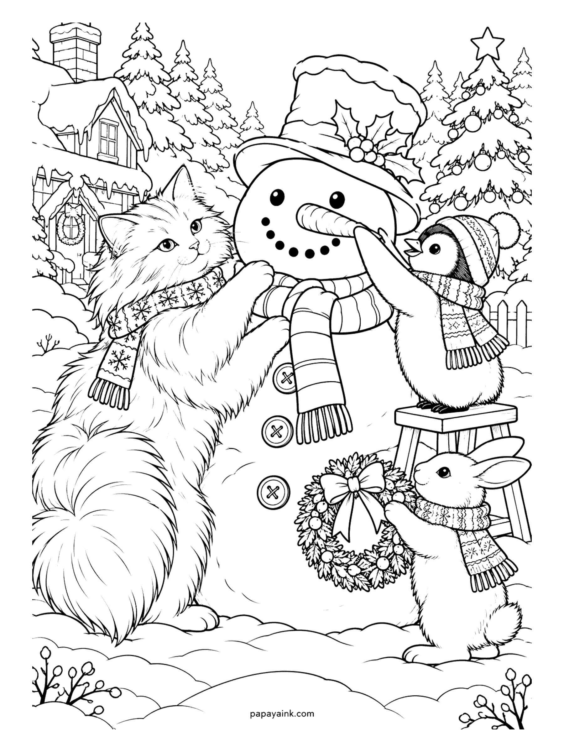 Christmas Cat Coloring Pages - A cat in a snowflake scarf wraps a striped scarf around a top-hatted snowman while a penguin adds the carrot nose and a bunny holds up a berry wreath.