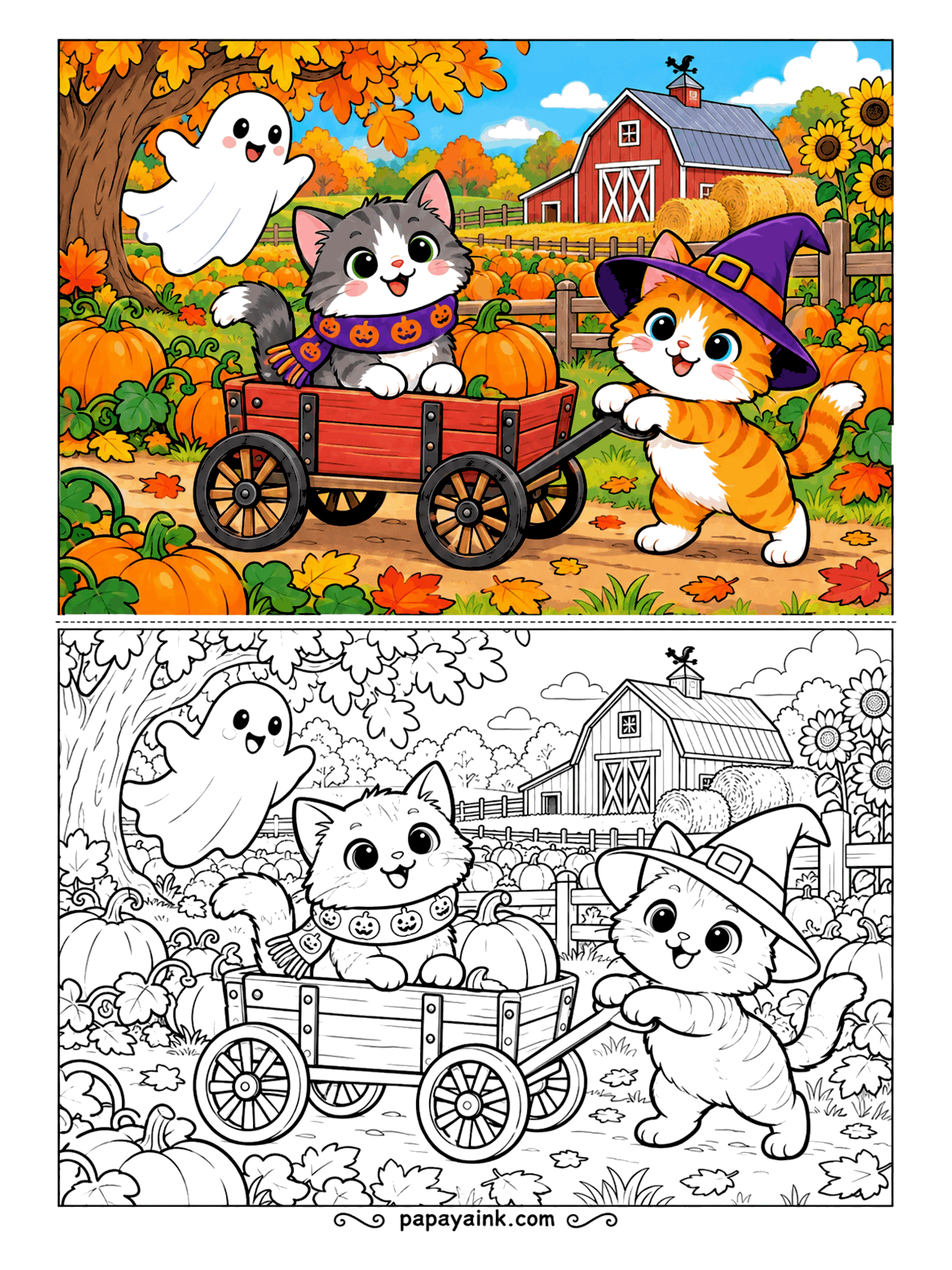 Halloween Cat Coloring Pages - A red wagon, a gray passenger in a pumpkin scarf and an orange tabby doing all the pulling. The road runs past hay bales, sunflowers and a barn, with a ghost floating along to supervise. Big pumpkins in front are an easy place to start.
