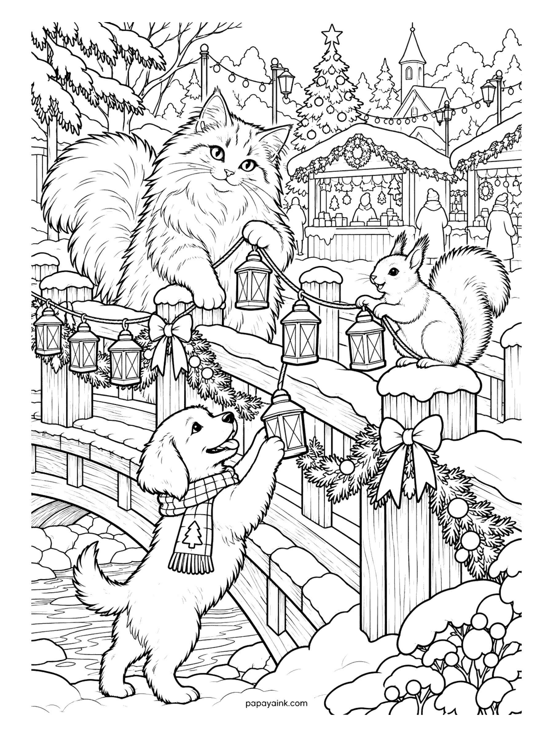 Christmas Cat Coloring Pages - A cat, a puppy in a Christmas-tree scarf, and a squirrel string lanterns along the rail of a snowy bridge, with market stalls and a church glowing in the village behind. Detailed.