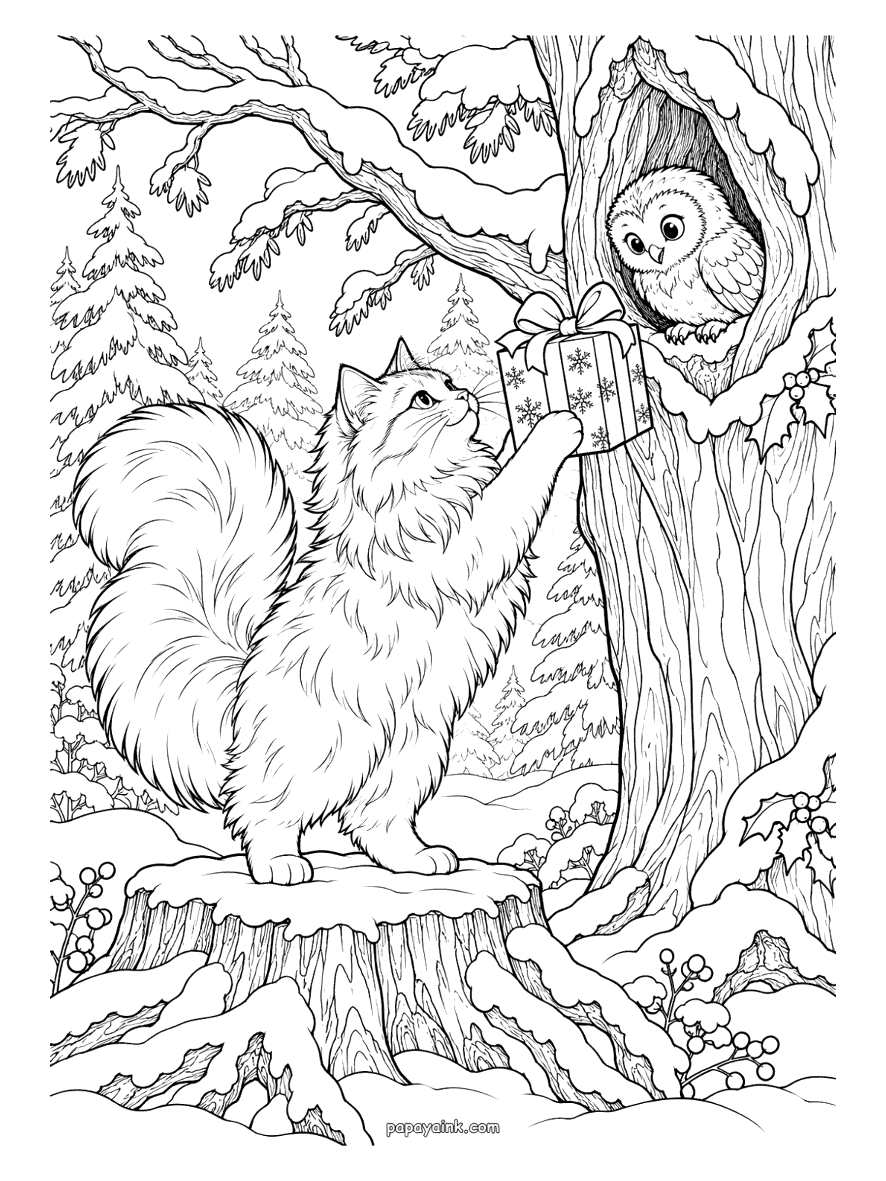 Christmas Cat Coloring Pages - Standing on a snowy stump, a fluffy cat reaches up for a snowflake-wrapped gift held out by a small owl in the hollow of an old tree.
