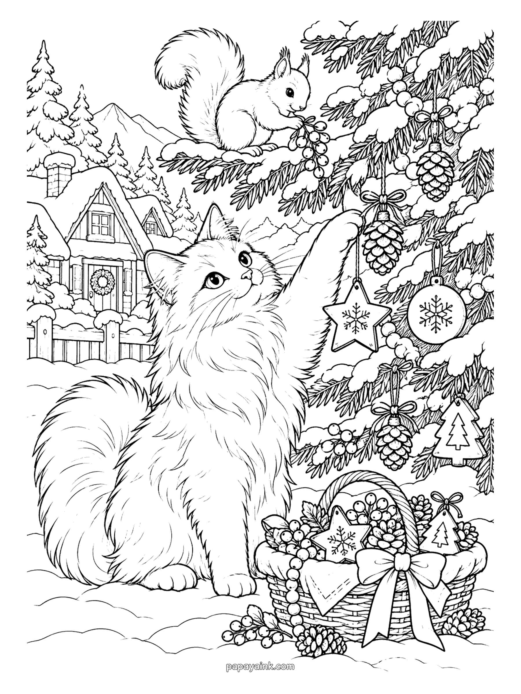 Christmas Cat Coloring Pages - A fluffy cat stretches a paw toward pinecone and star ornaments on a snow-laden fir branch while a squirrel nibbles berries above and a basket of decorations waits below.