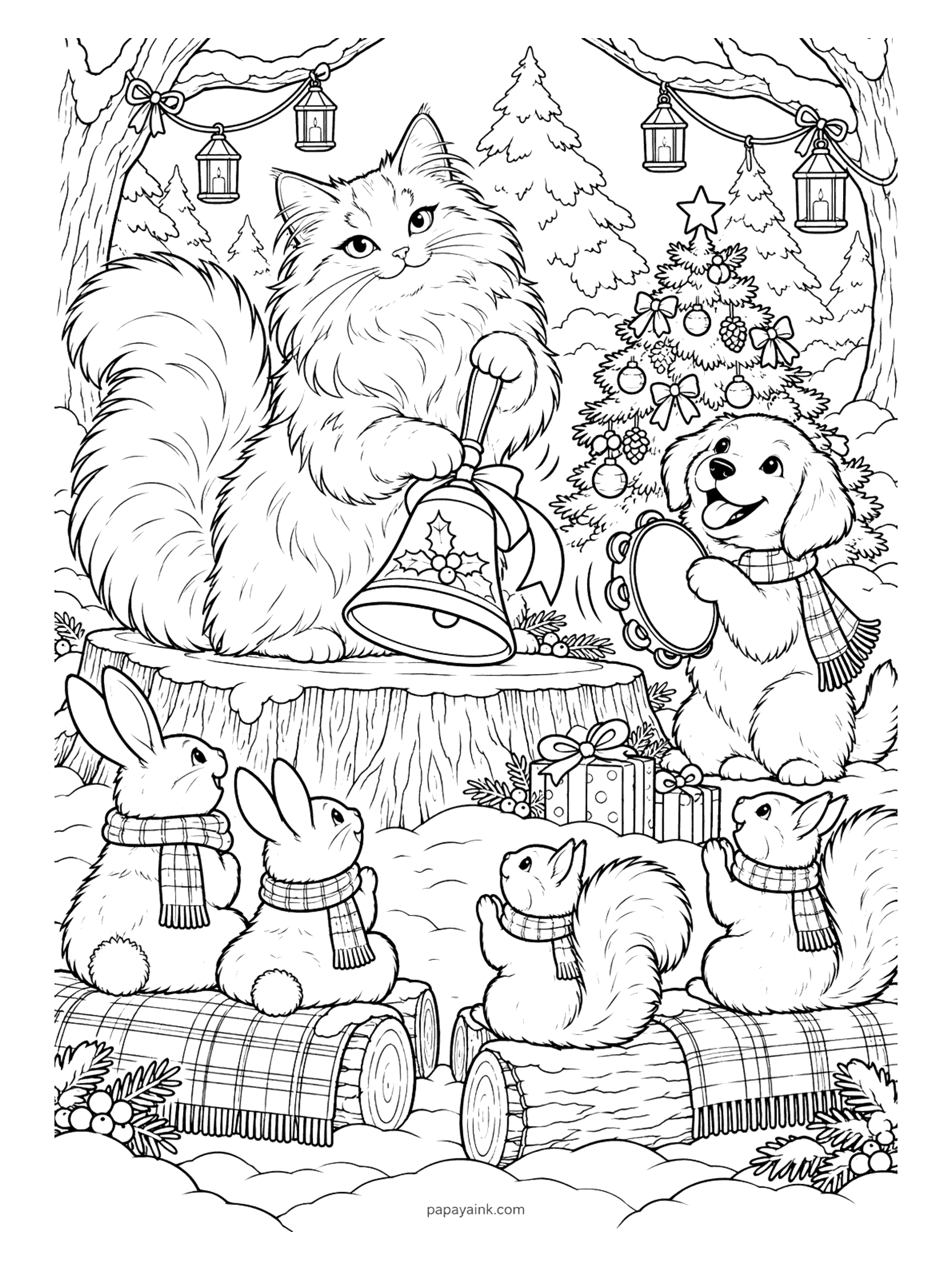 Christmas Cat Coloring Pages - Sitting on a snowy stump, a fluffy cat rings a big holly-trimmed bell while a puppy shakes a tambourine and bunnies and squirrels in scarves sing along beneath hanging lanterns.
