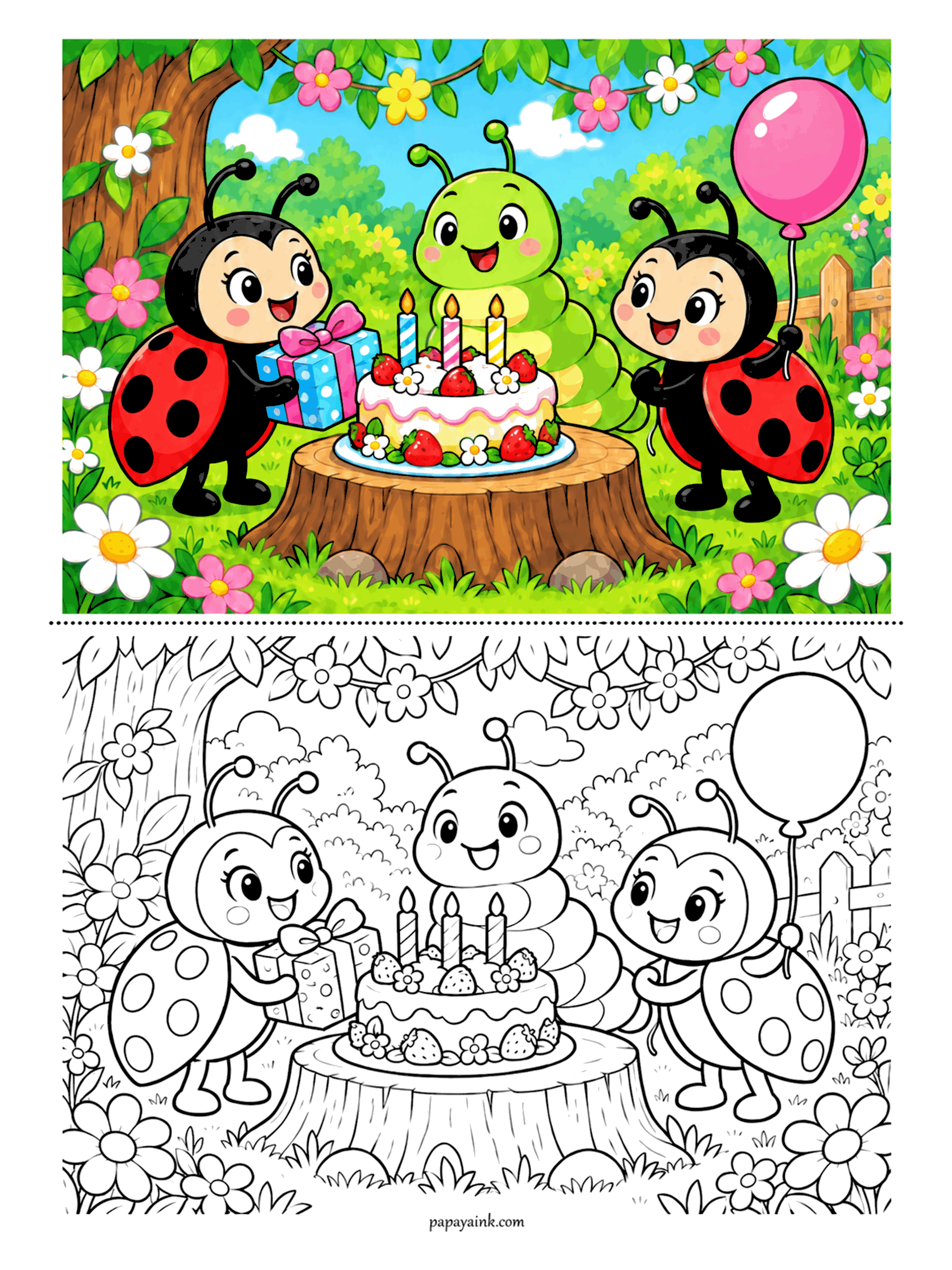 Ladybug Coloring Pages - Birthday on a tree stump. The caterpillar beams at three candles on a strawberry cake, one ladybug arrives with a polka-dot present and the other with a balloon, and a garland of blossoms hangs overhead.