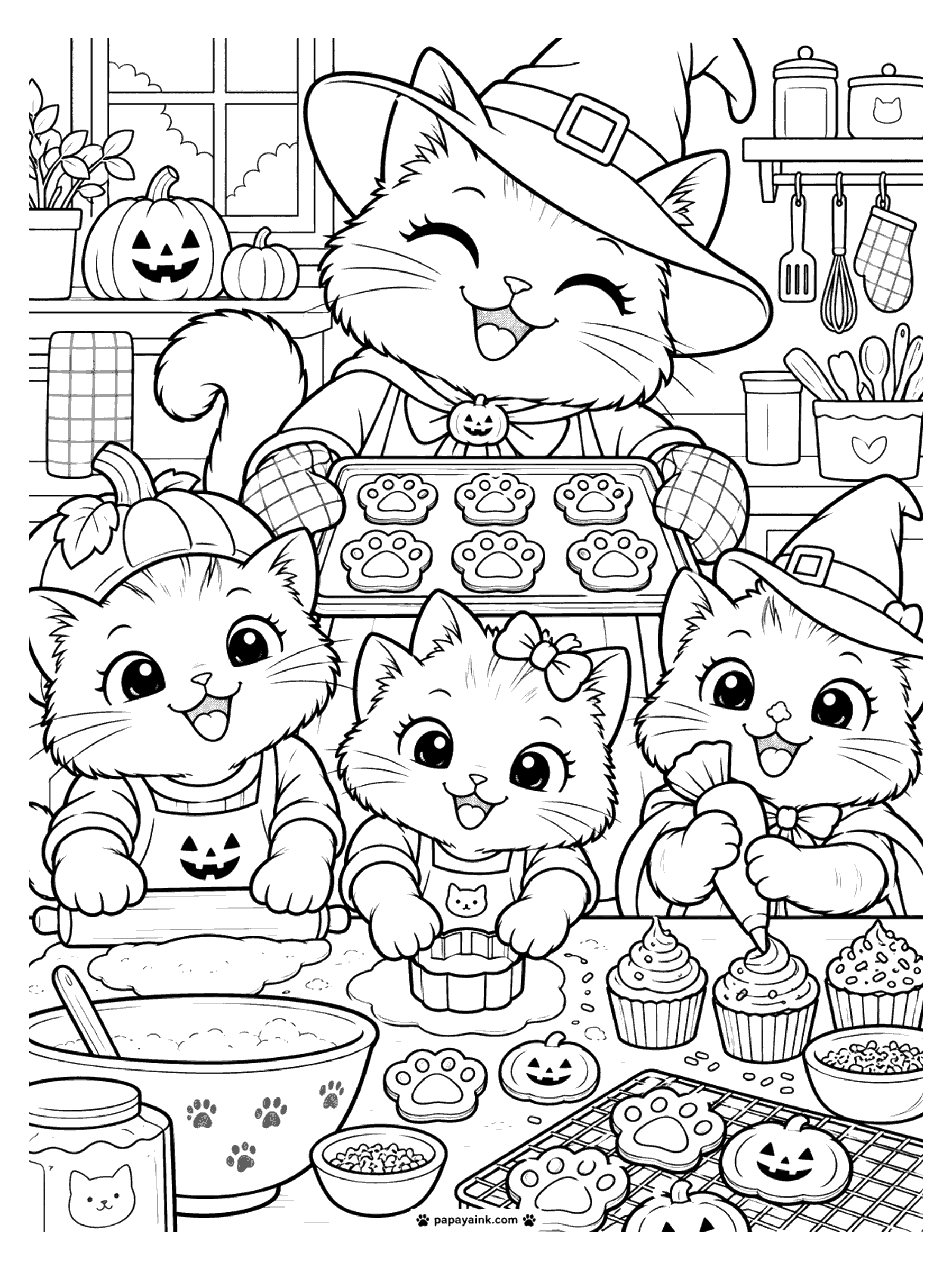 Halloween Cat Coloring Pages - A witch cat pulling a tray of paw-print cookies from the oven while kittens roll dough and pipe frosting on Halloween cupcakes.