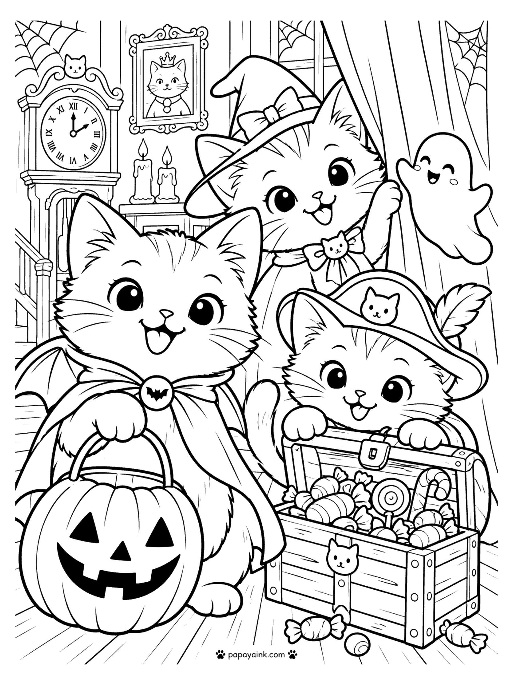 Halloween Cat Coloring Pages - A vampire cat, a witch kitten, and a pirate kitten opening a candy chest in an old hallway with a grandfather clock and a friendly ghost.