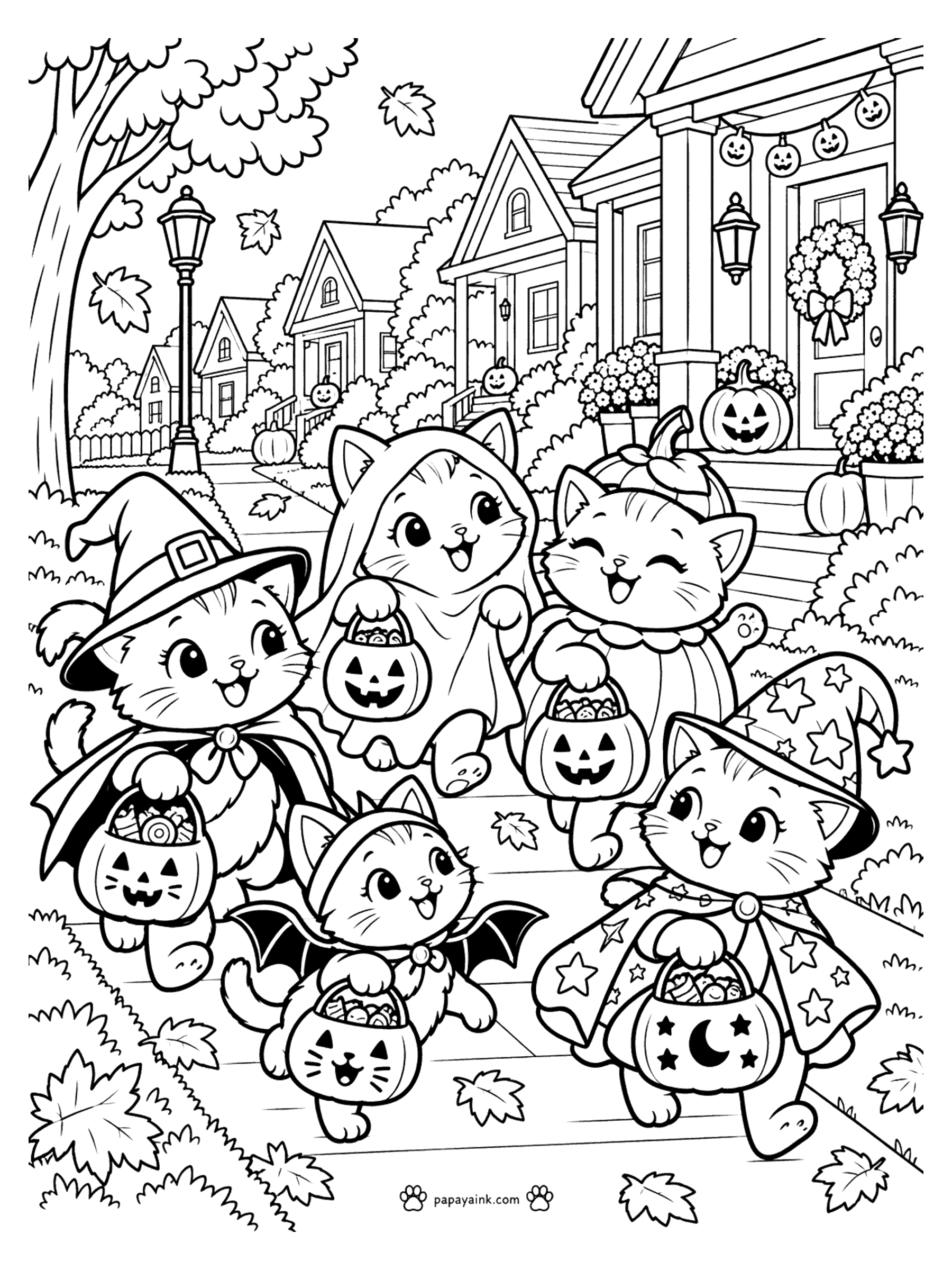 Halloween Cat Coloring Pages - Cats in witch, ghost, pumpkin, bat, and wizard costumes trick-or-treating down a leafy neighborhood street with candy buckets.