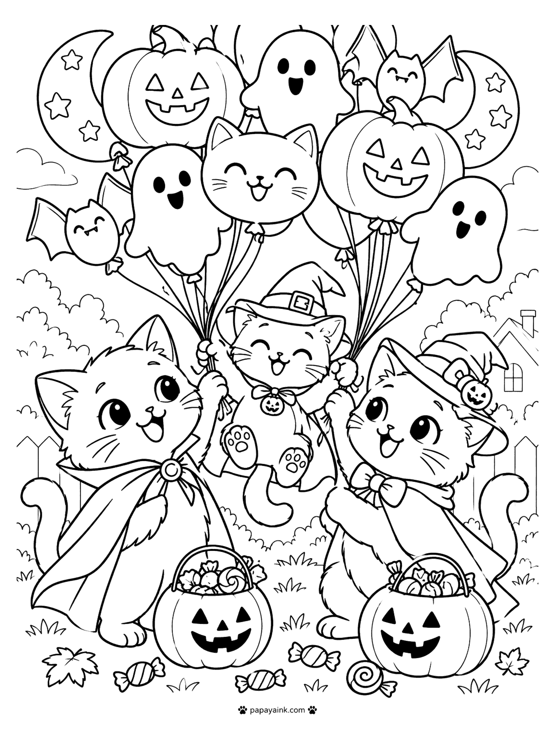 Halloween Cat Coloring Pages - Cats in capes and witch hats holding a bunch of pumpkin, ghost, bat, and cat balloons, candy buckets at their feet.