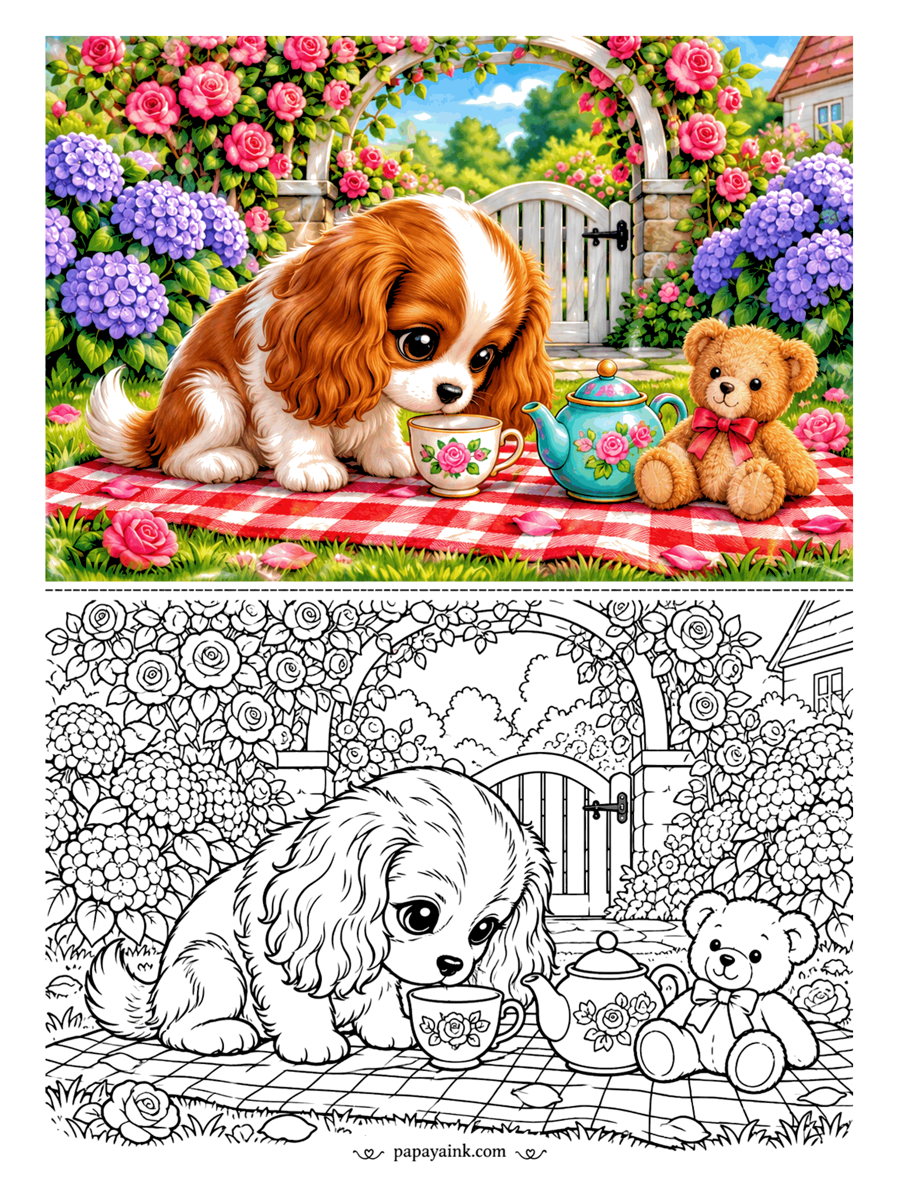 Puppy Coloring Pages - Tea for two in the rose garden: a Cavalier puppy sniffs the cup while the teddy bear waits politely for his turn. Roses climb the arch and hydrangeas crowd in from both sides. Detailed - the blooms alone will keep sharp pencils busy.