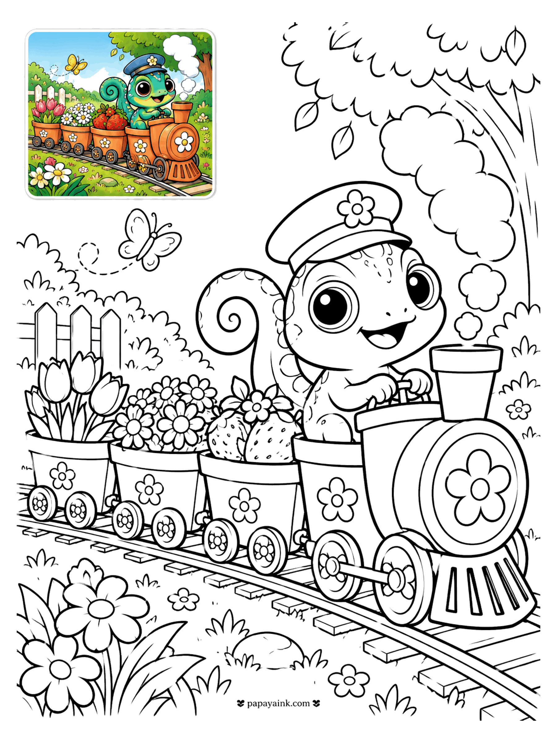 Color Guide Coloring Pages - Color guide coloring page of a chameleon conductor driving a flowerpot train full of tulips, daisies and strawberries (Detailed)