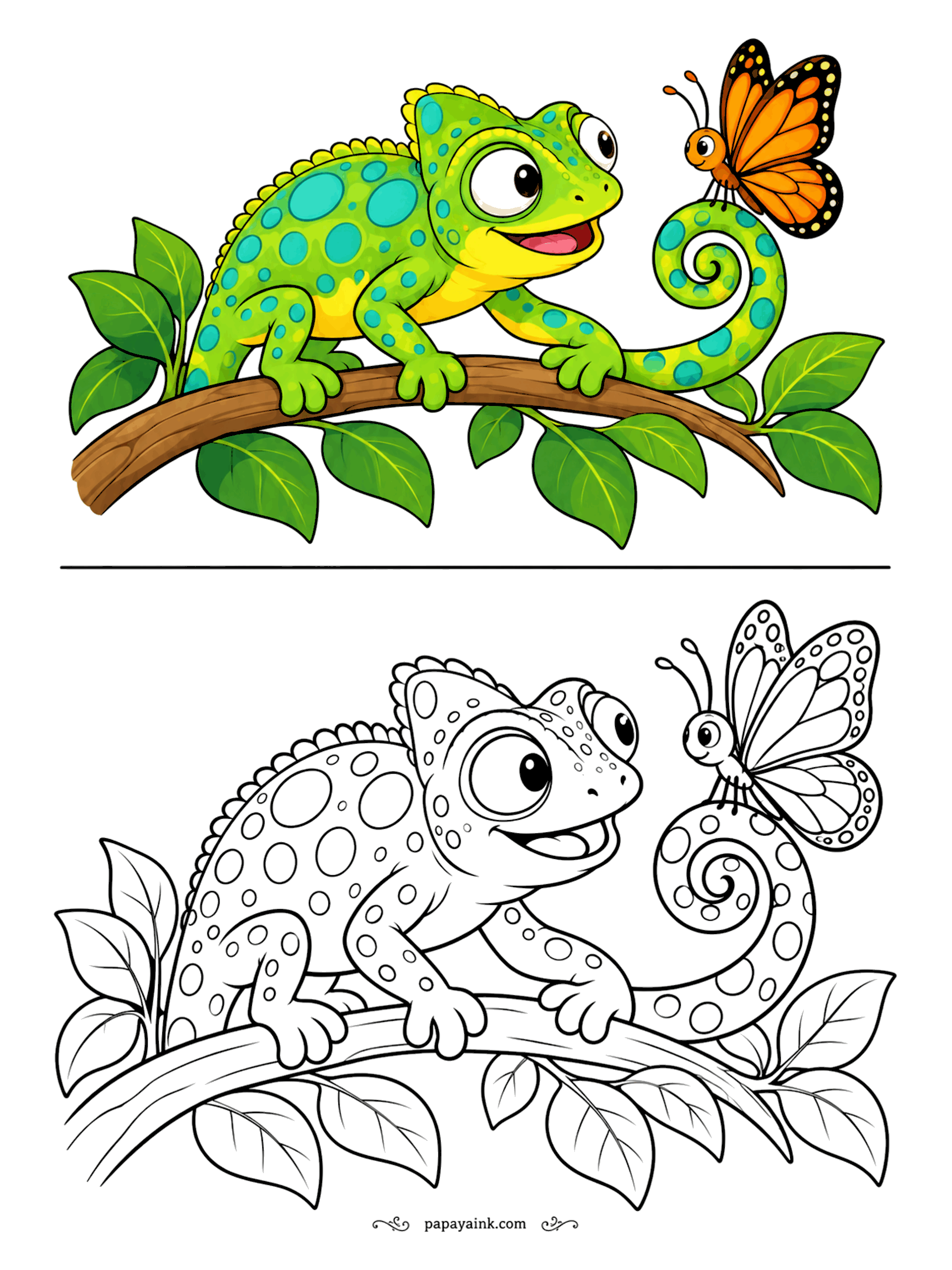 Copy Coloring Pages - Nose to nose with a butterfly, the chameleon on the branch looks thrilled. Its tail curls in a tight spiral - chameleons use them like an extra hand. Spots everywhere: green with blue or yellow dots, like the sample.