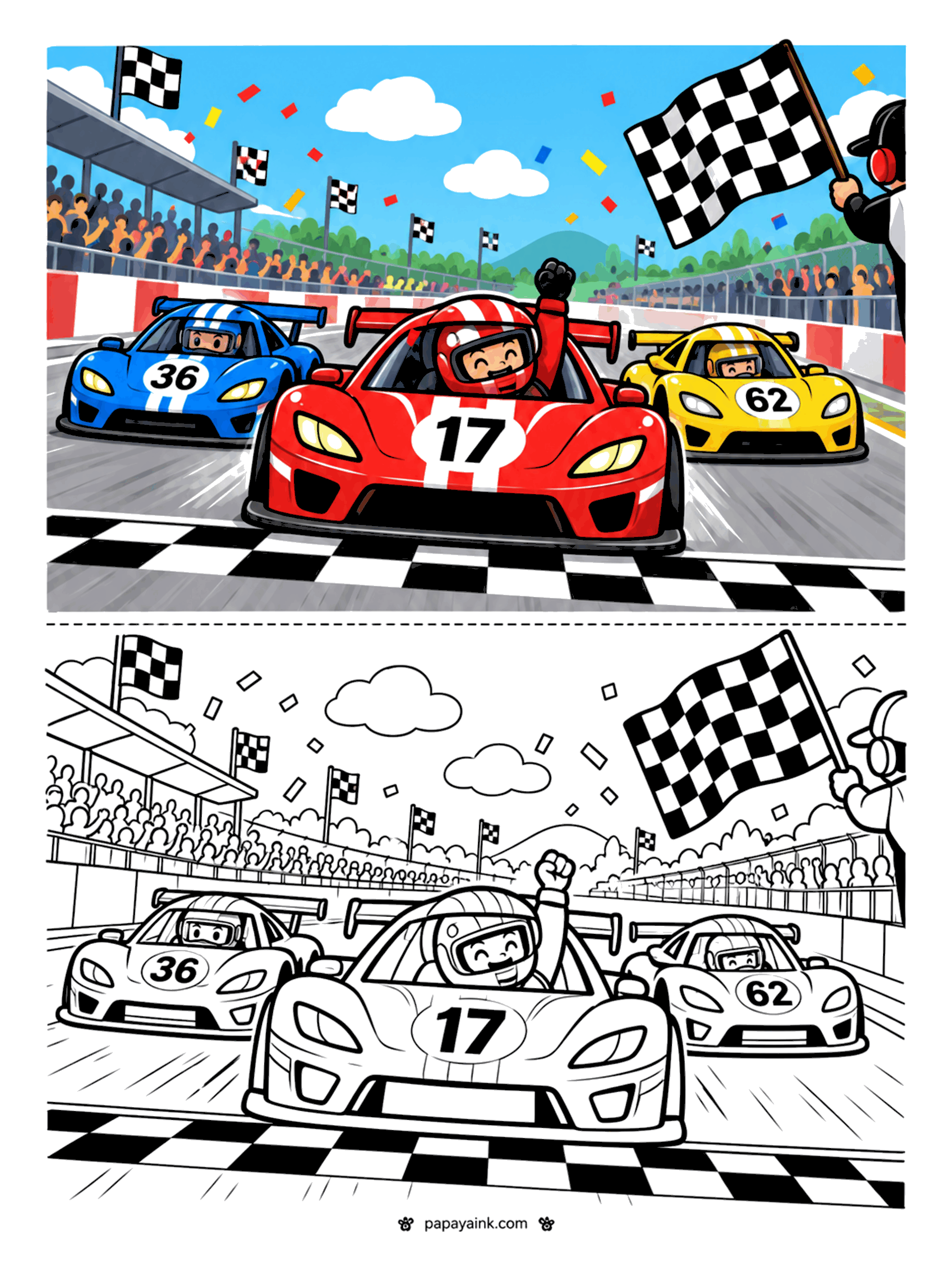 Race Car Coloring Pages - A cheering driver raising a fist as his race car crosses the finish line under the checkered flag.