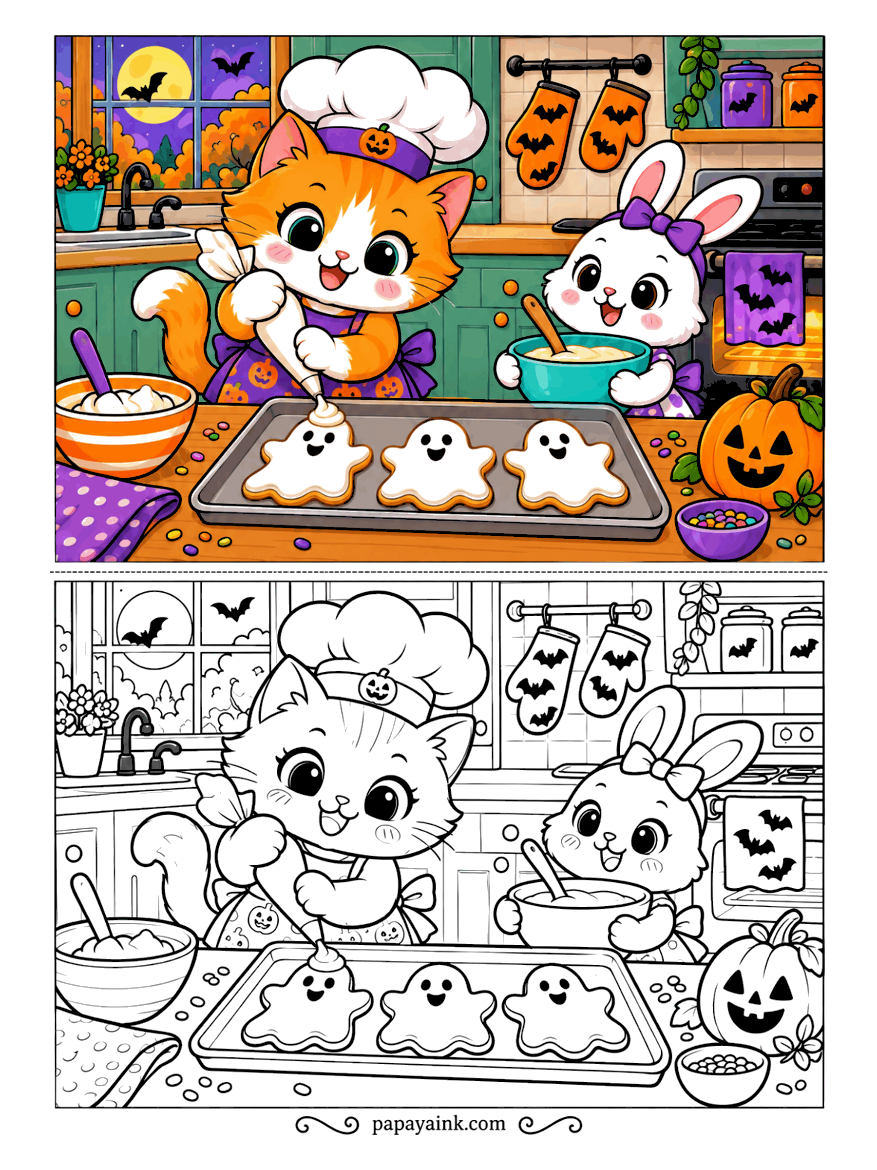 Halloween Cat Coloring Pages - Ghost cookies need faces, and the chef cat has the piping bag. Her bunny helper stirs the next bowl of batter while the oven glows behind them. Try white icing on the cookies and let the green kitchen walls carry the color.