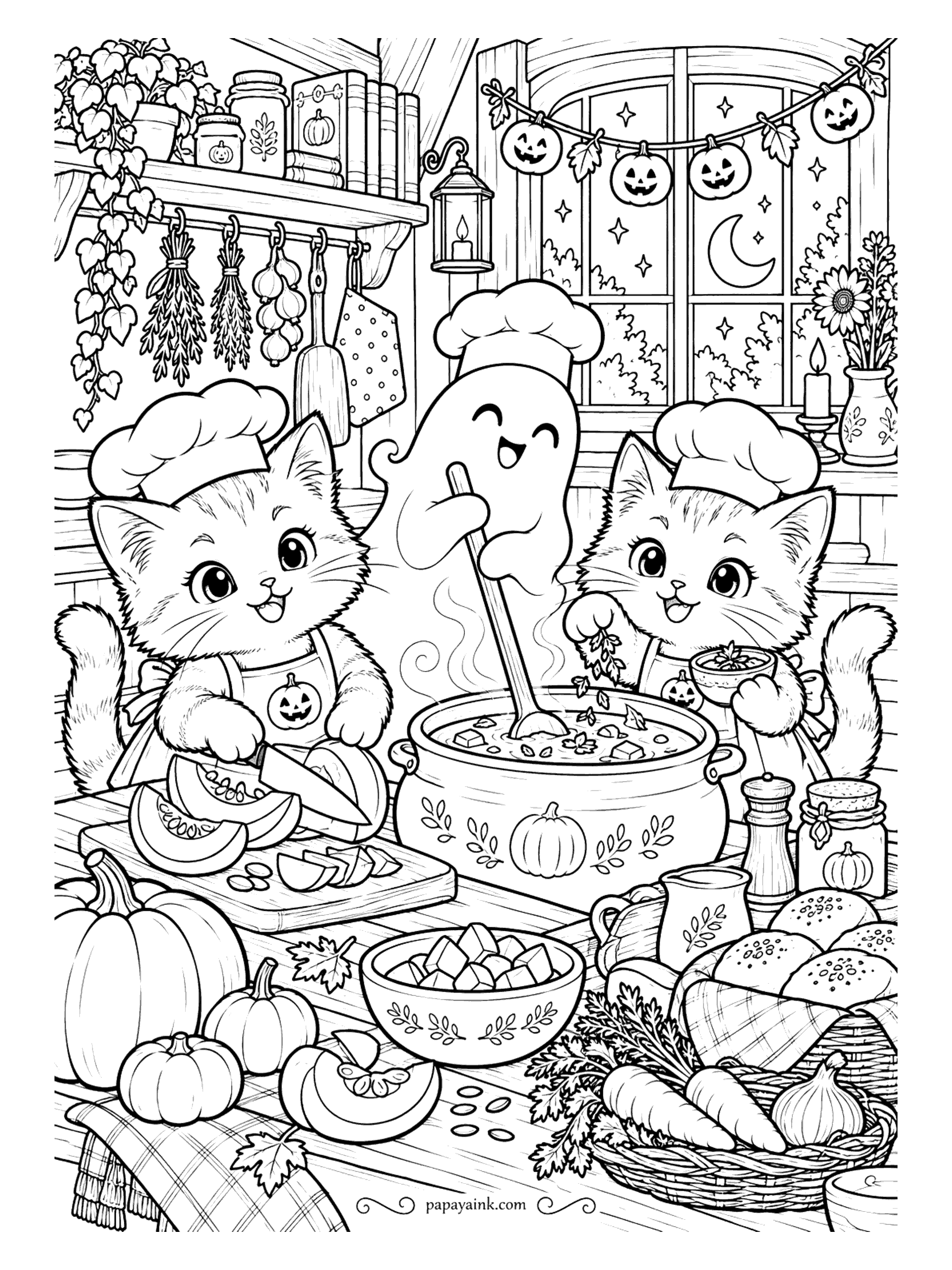 Halloween Cat Coloring Pages - Pumpkin soup for a crowd. One chef kitten chops the pumpkin, another tastes from a bowl, and the ghost in a chef hat stirs the pot. Herbs on the shelf, bread in the basket, carrots on the table. Detailed - a full kitchen.