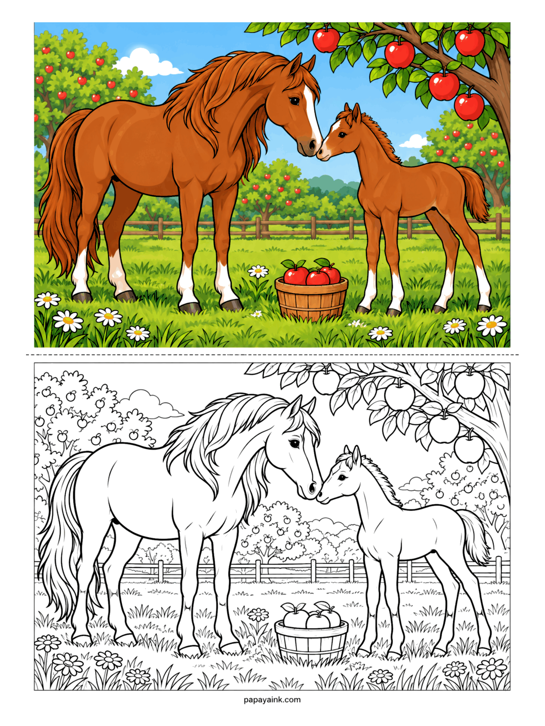 Horse Coloring Pages - Nose to nose under the apple tree. The chestnut mare bends down to her foal while a basket of fresh-picked apples waits between them and daisies dot the grass. Both wear a white blaze and white socks - keep those blank, and shade the two coats a tone apart.