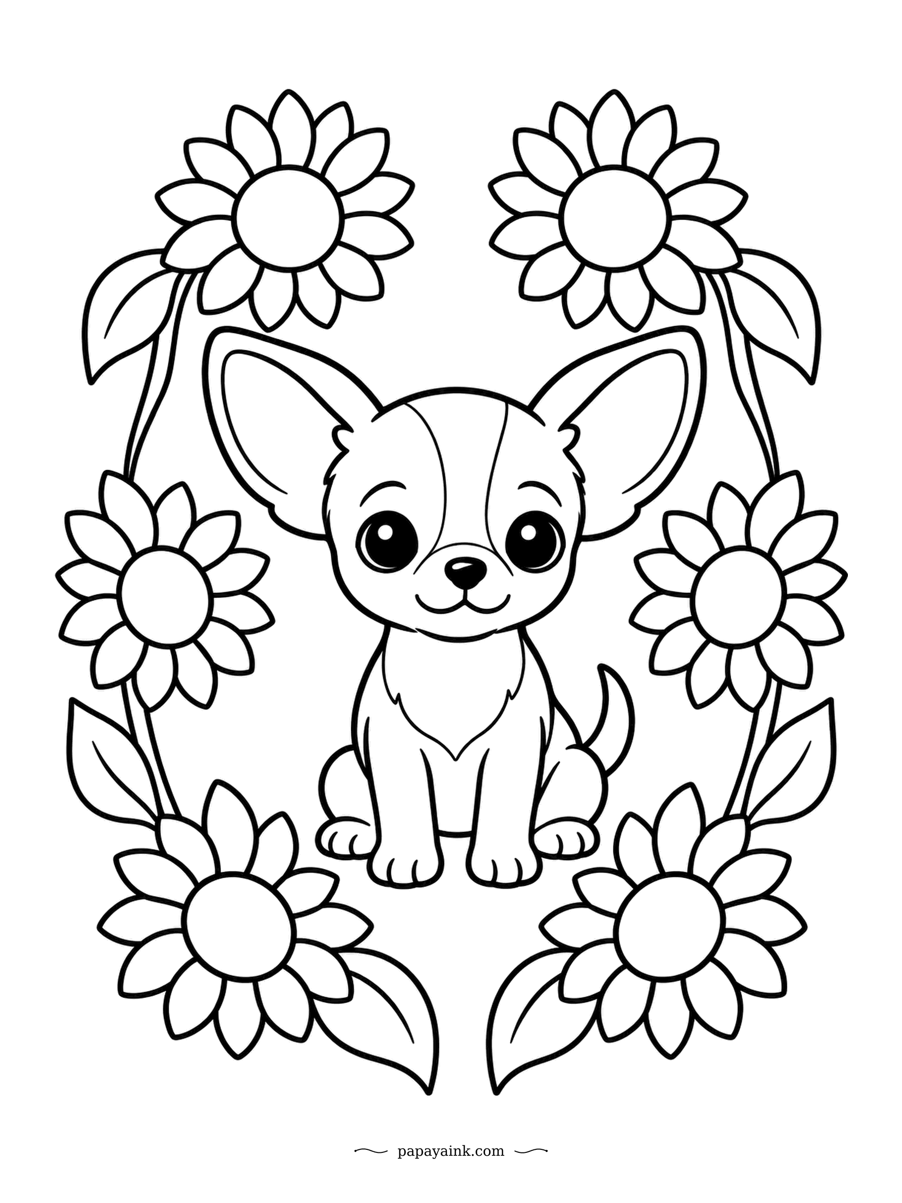 Puppy Coloring Pages - Six sunflowers make a frame, and the tiny chihuahua sits right in the middle with ears as big as the blooms. The smallest breed in the world, with the biggest opinions. Bold simple outlines, easy for any age.