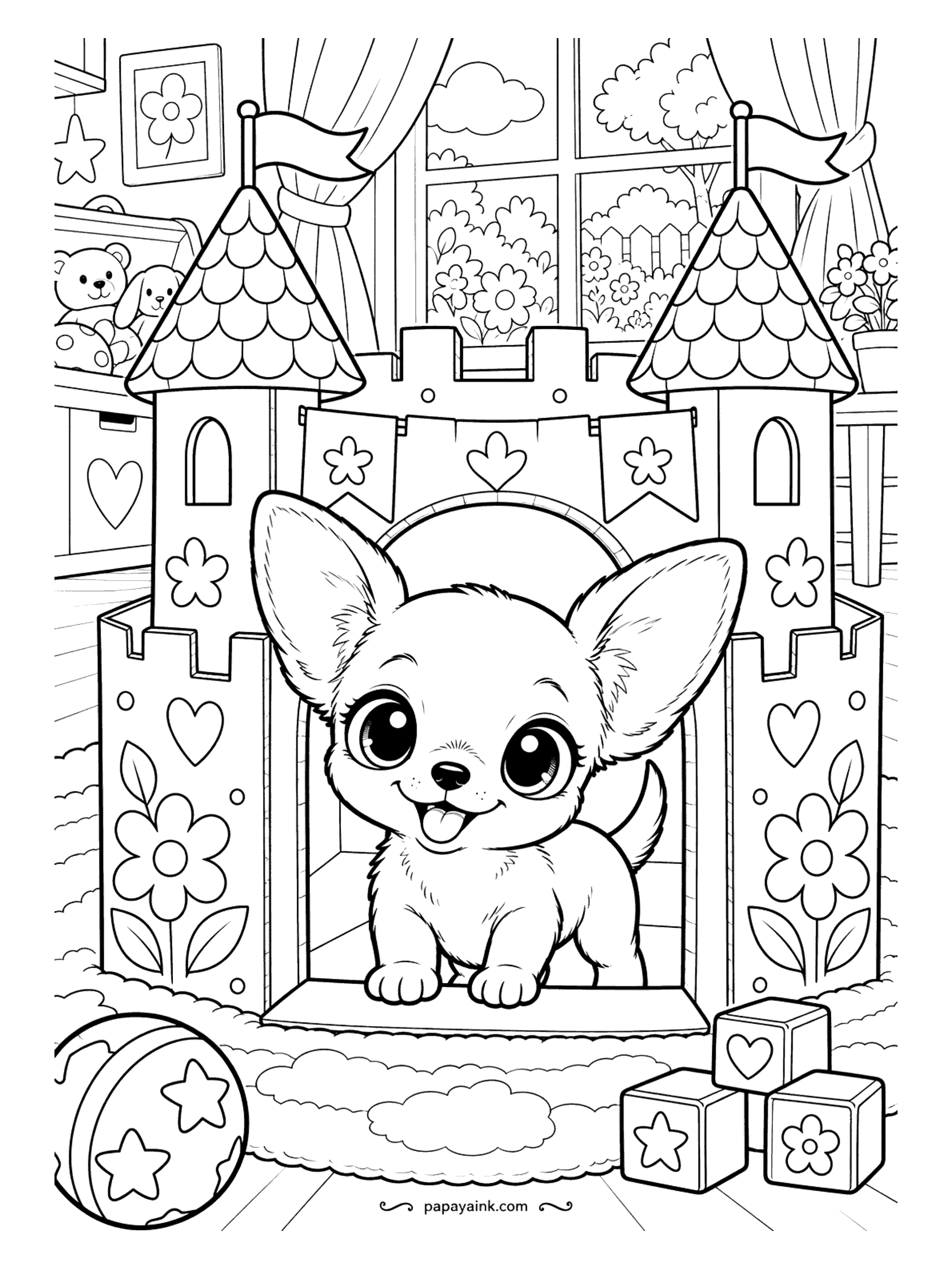 Puppy Coloring Pages - A castle fit for a very small dog. The Chihuahua puppy sits in the gateway of a cardboard fortress with flags, hearts and a ball and blocks at the drawbridge. Simple shapes and plenty of room - a quick, cheerful page.