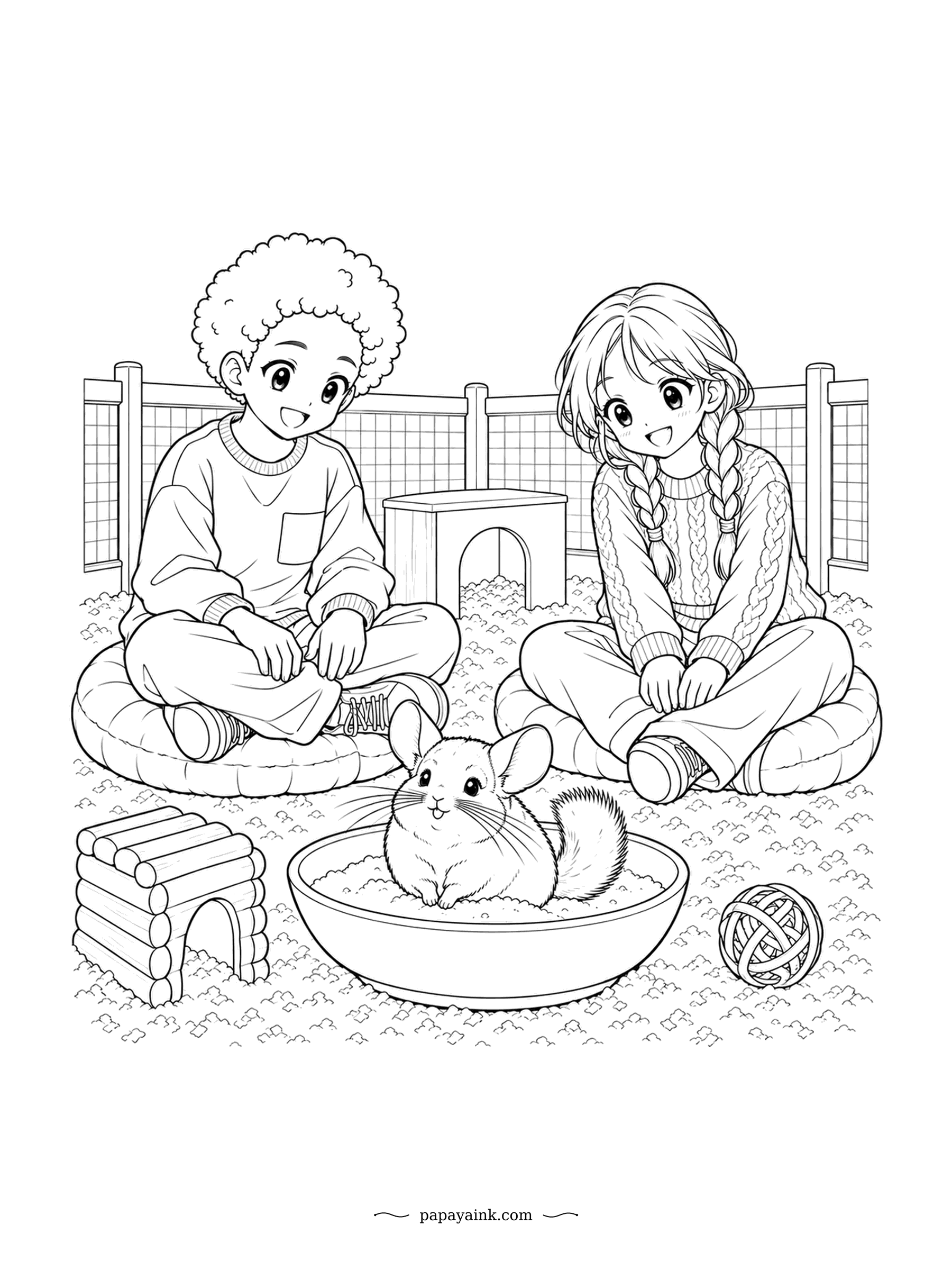 Cute Anime Coloring Pages - Chinchillas clean their thick fur by rolling in fine dust rather than water, and this one is settling into its bowl as an audience looks on from the cushions. A log hideout and a woven ball sit nearby. Pale grey fur, warm sweaters.