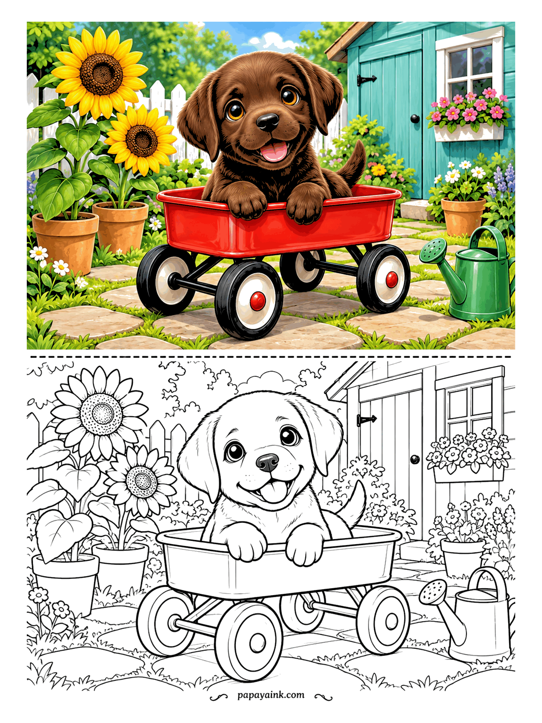 Puppy Coloring Pages - The chocolate Labrador has claimed the red wagon and is waiting for someone to pull. Sunflowers lean over the fence, a watering can sits by the shed door, and the flagstones give you a patchwork of warm grays. Big open areas, quick to finish.