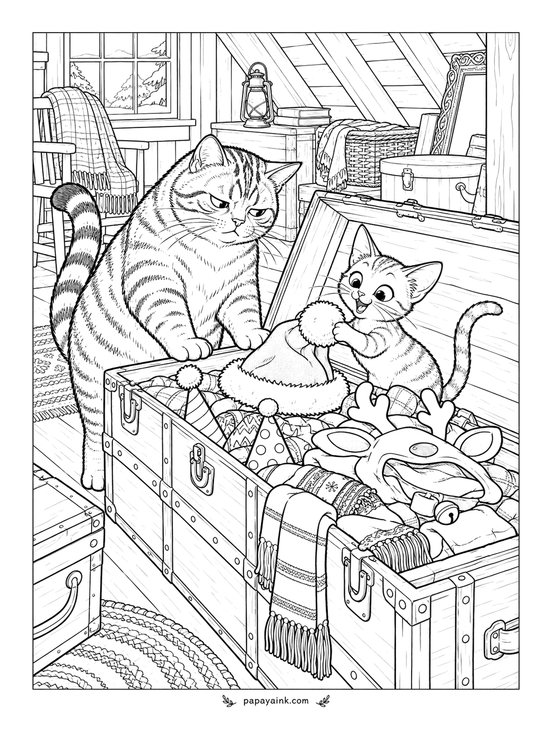 Christmas Cat Coloring Pages - Every costume from Decembers past lives in this attic trunk, and the kitten has found the Santa hat first. The large striped cat supervising from the lid has worn them all and approves of none. Detailed - lanterns, baskets, a snowy window.