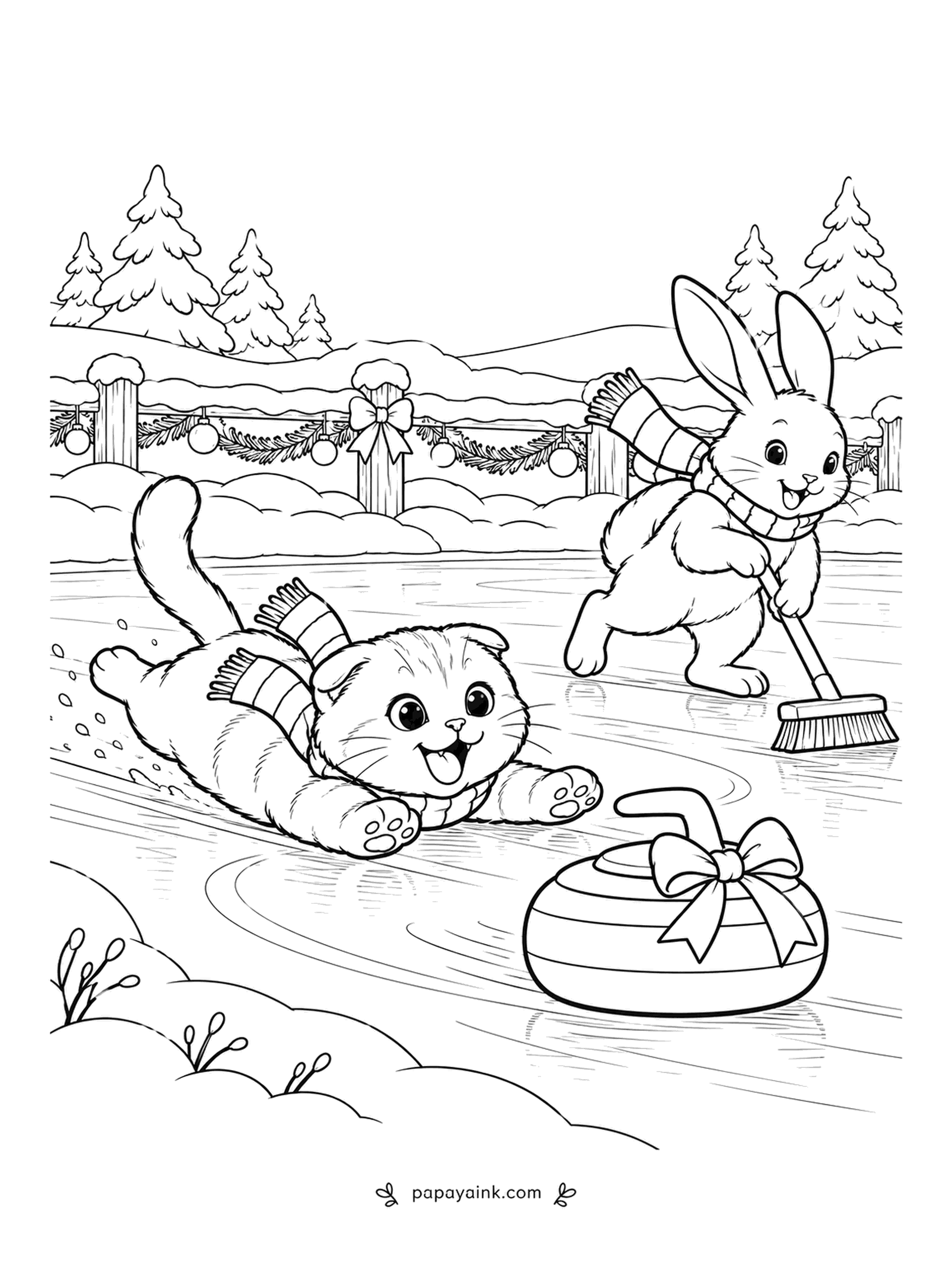 Christmas Cat Coloring Pages - Curling, kitten rules: the Scottish Fold goes down on her belly and becomes the stone. The rabbit with the broom is sweeping as fast as he can. Keep the ice pale and put the strong colors on the scarves.