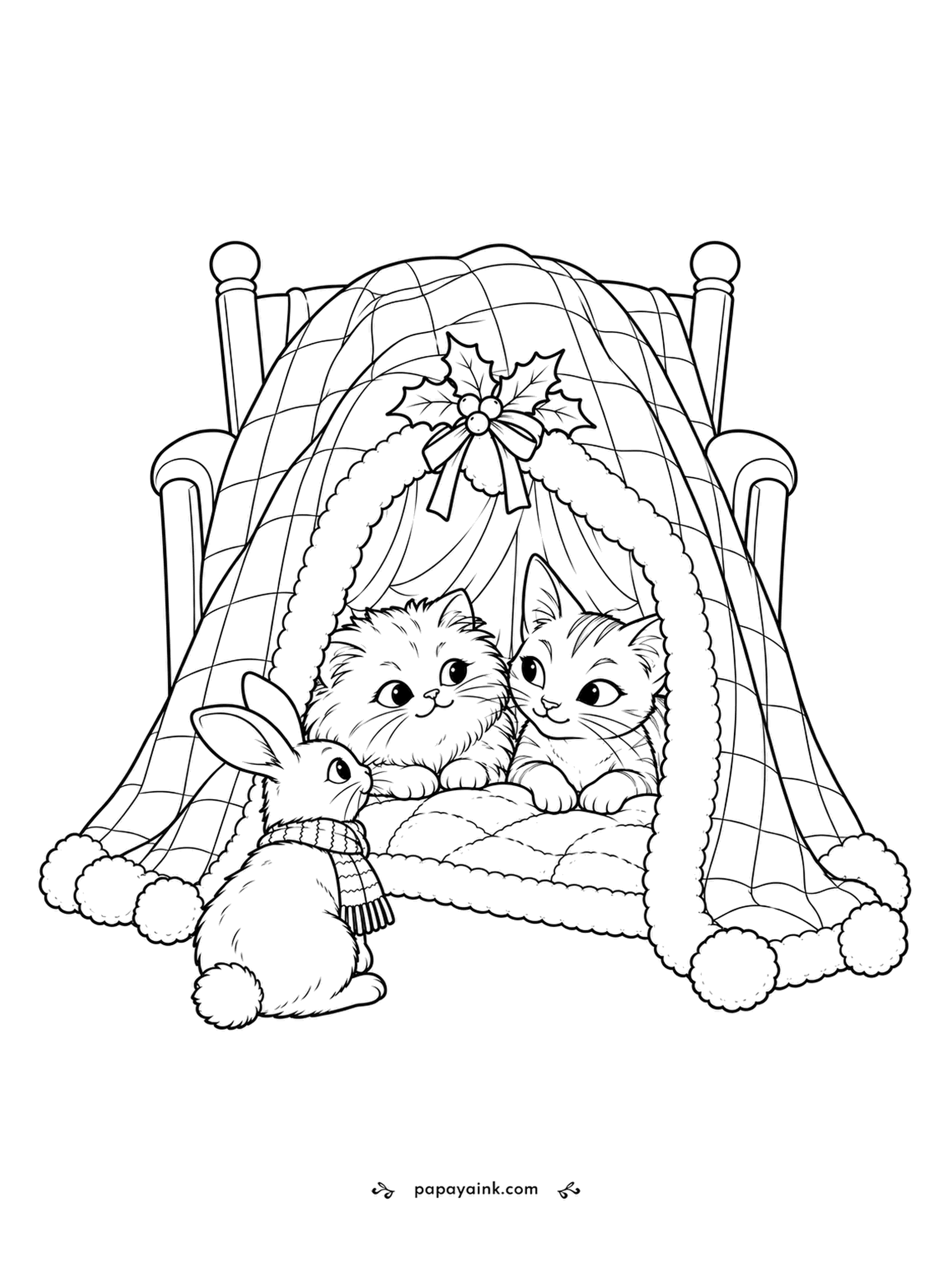 Christmas Cat Coloring Pages - Two chairs, one quilt, and the kittens inside have already hung a sprig of greenery over the door of their winter den. The rabbit in the scarf is waiting to be invited. Each square on the checked blanket can be a different shade.