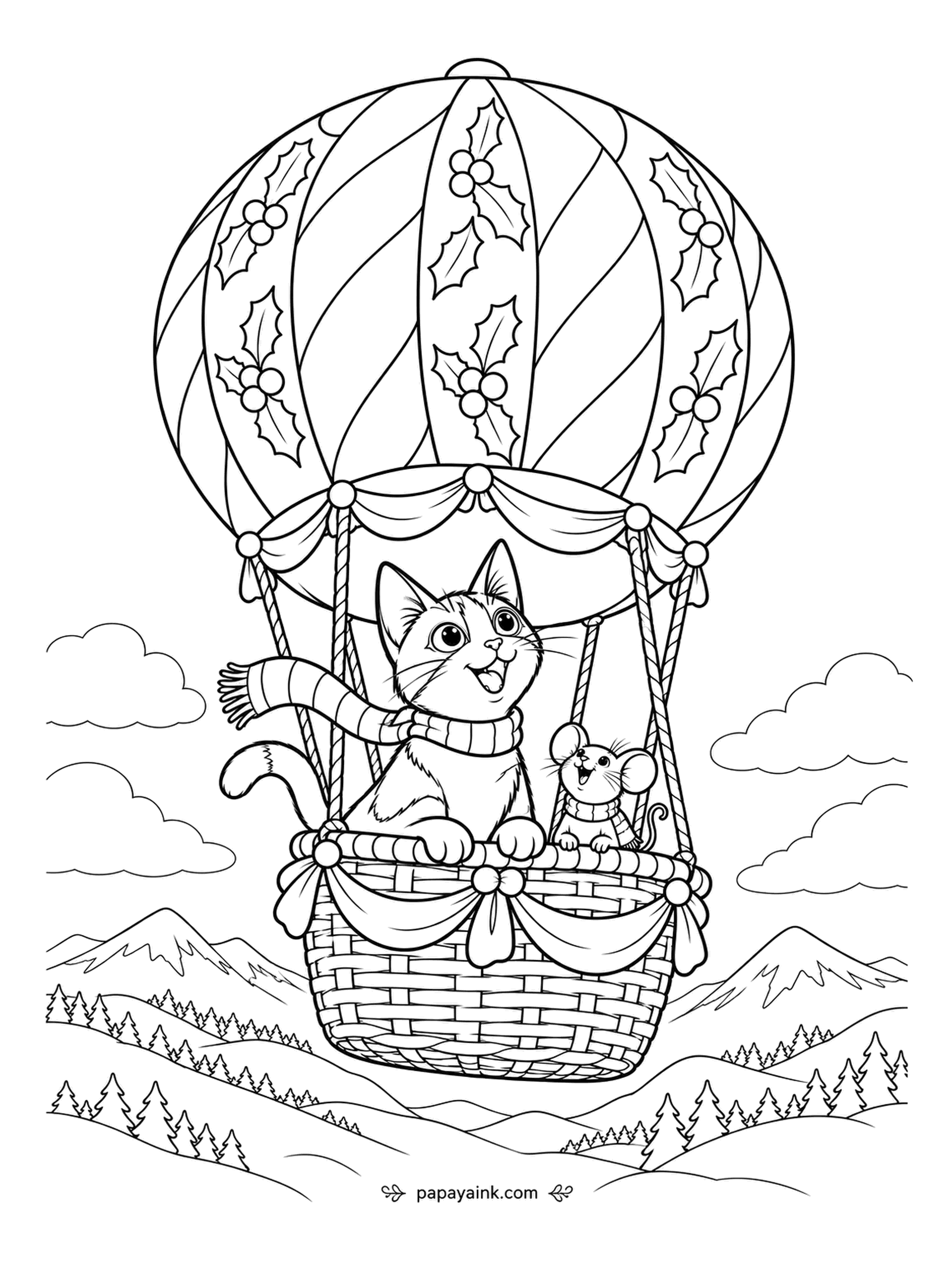 Christmas Cat Coloring Pages - The balloon has holly on every panel and a mouse for a co-pilot, and the kitten in the scarf is waving at mountains that cannot wave back. Striped panels are made for alternating colors - try a red and green rotation.
