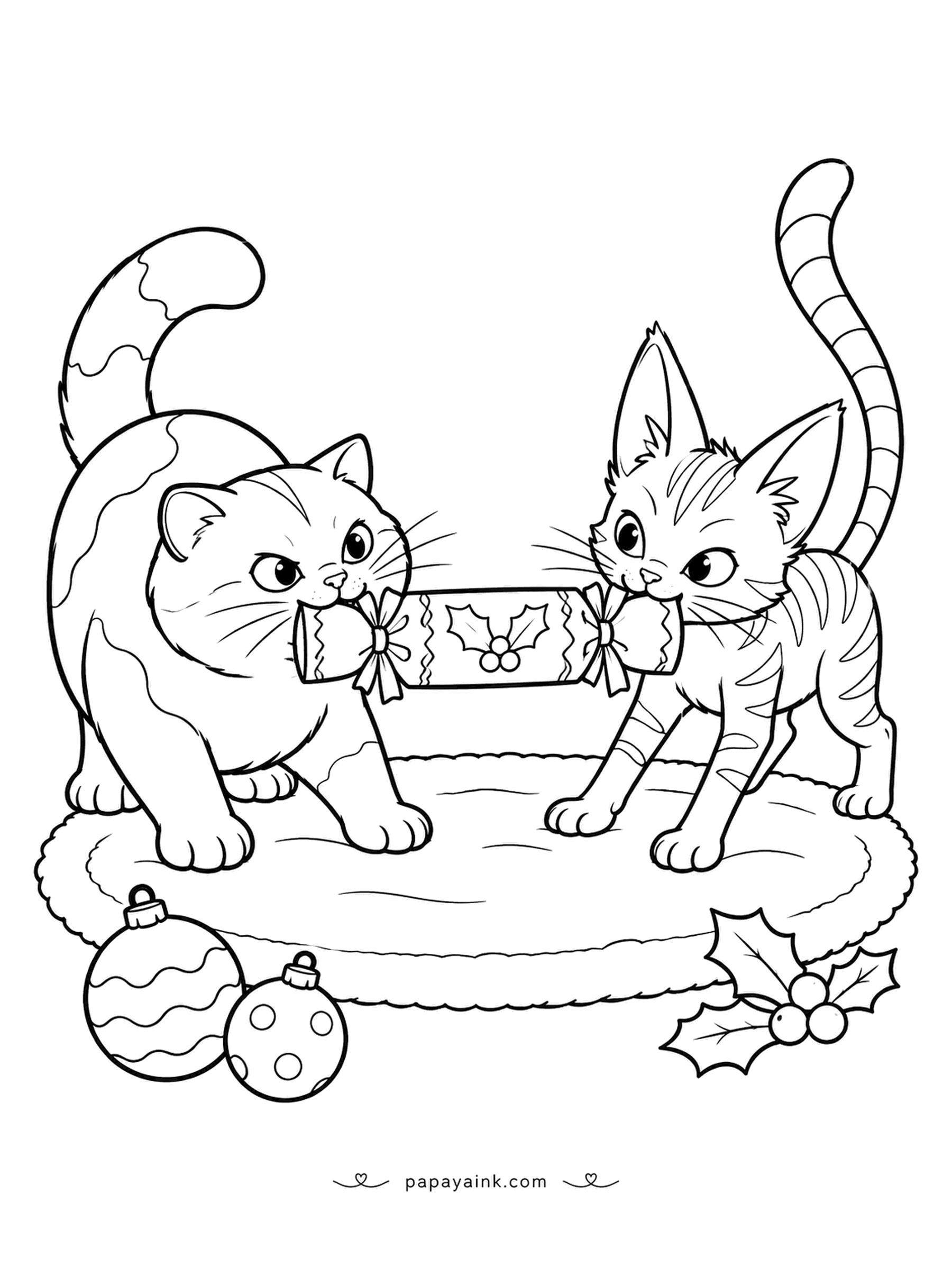 Christmas Cat Coloring Pages - Nobody told the cats that a cracker is meant to be pulled by hand. They are using teeth, and neither one is letting go. Whoever holds the pencil gets to decide which side wins by making it a shade brighter.