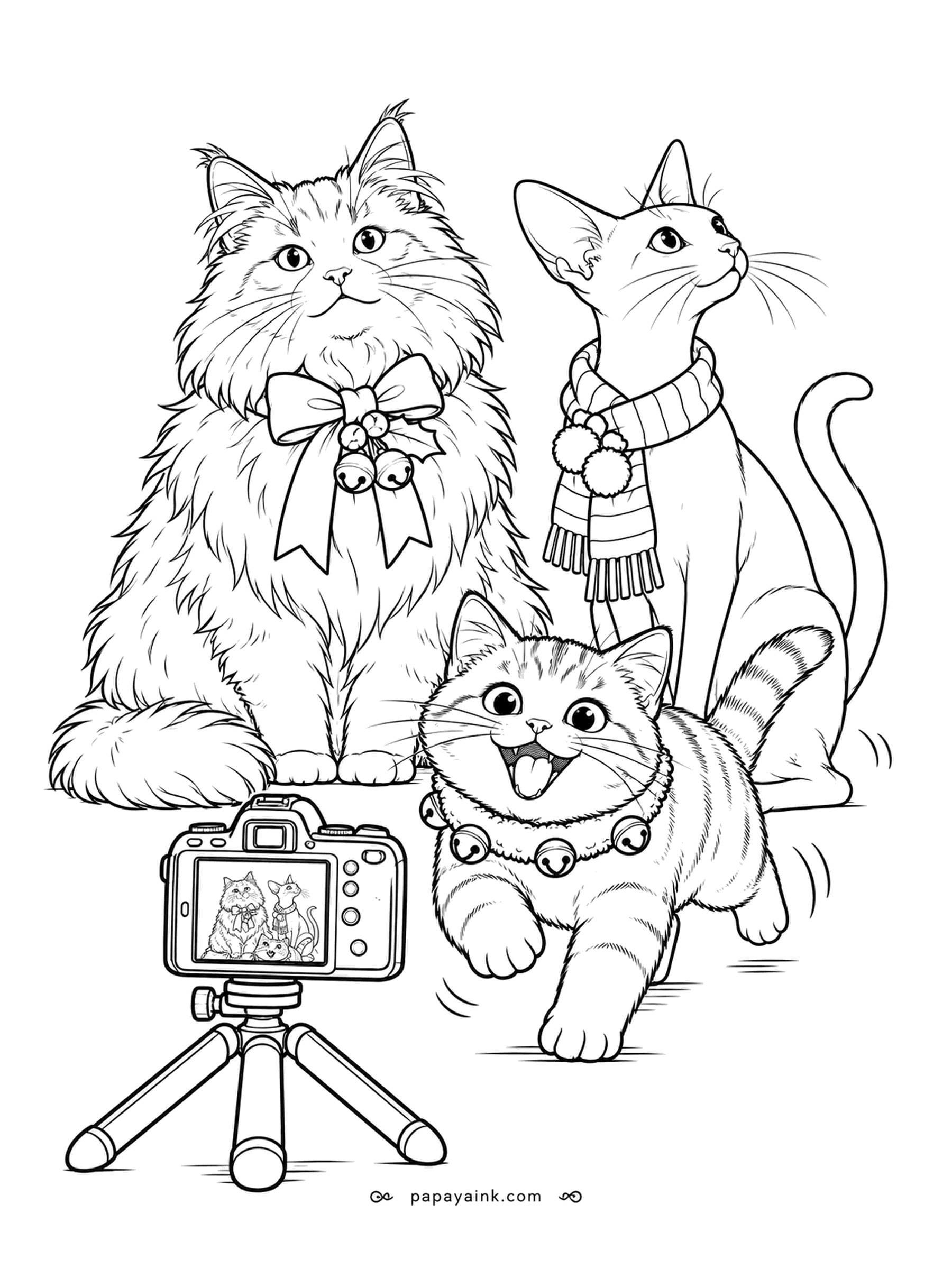 Christmas Cat Coloring Pages - Ten seconds on the timer, and the portrait is already falling apart: the fluffy one is posing, the slim one is studying the ceiling, and the kitten in the bell collar is leaving the frame. The tiny preview screen caught them anyway.