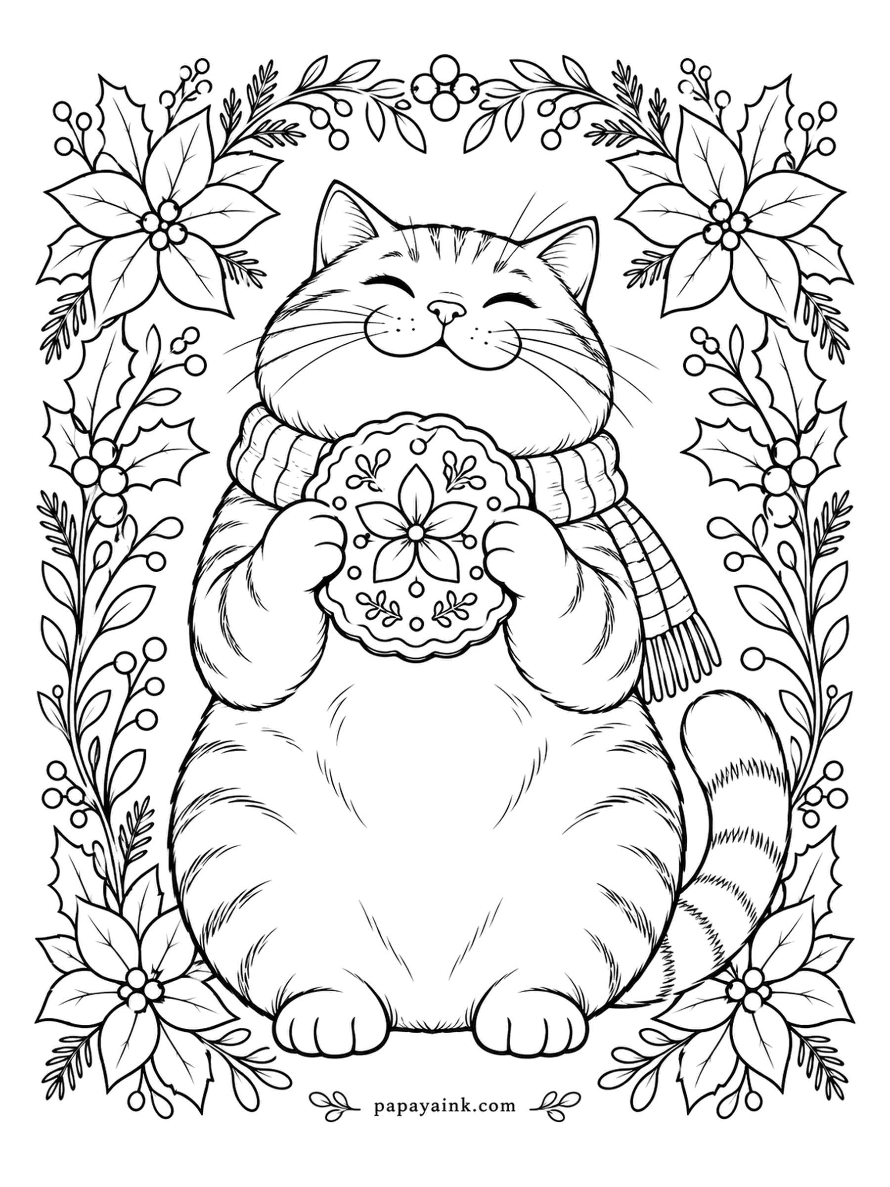 Christmas Cat Coloring Pages - This cat baked the gingerbread, iced the flower on top herself, and would like you to look at it before anyone eats it. Poinsettias and berries frame the moment. Folk style here - flat fills work better than shading.